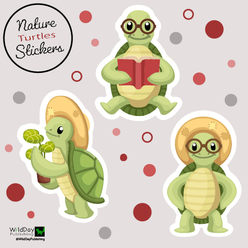 Three cartoon turtles with accessories: reading, holding plants, and wearing glasses and hat.