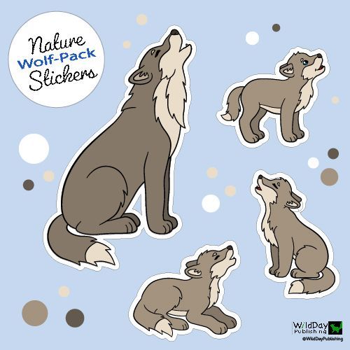 Four cartoon wolves howling, in a sticker pack. Light brown and grey, on a light blue background.