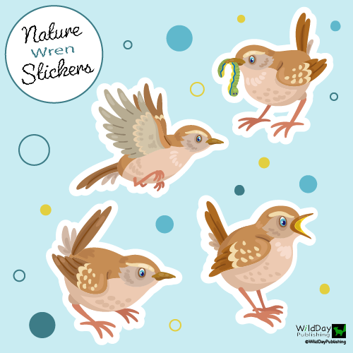 Nature wren sticker sheet with four brown wrens on a light blue background.