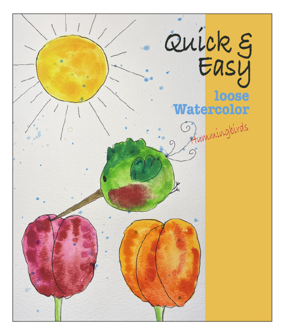 Watercolor art: Sun, bird, and tulips in watercolor with a yellow and white background.