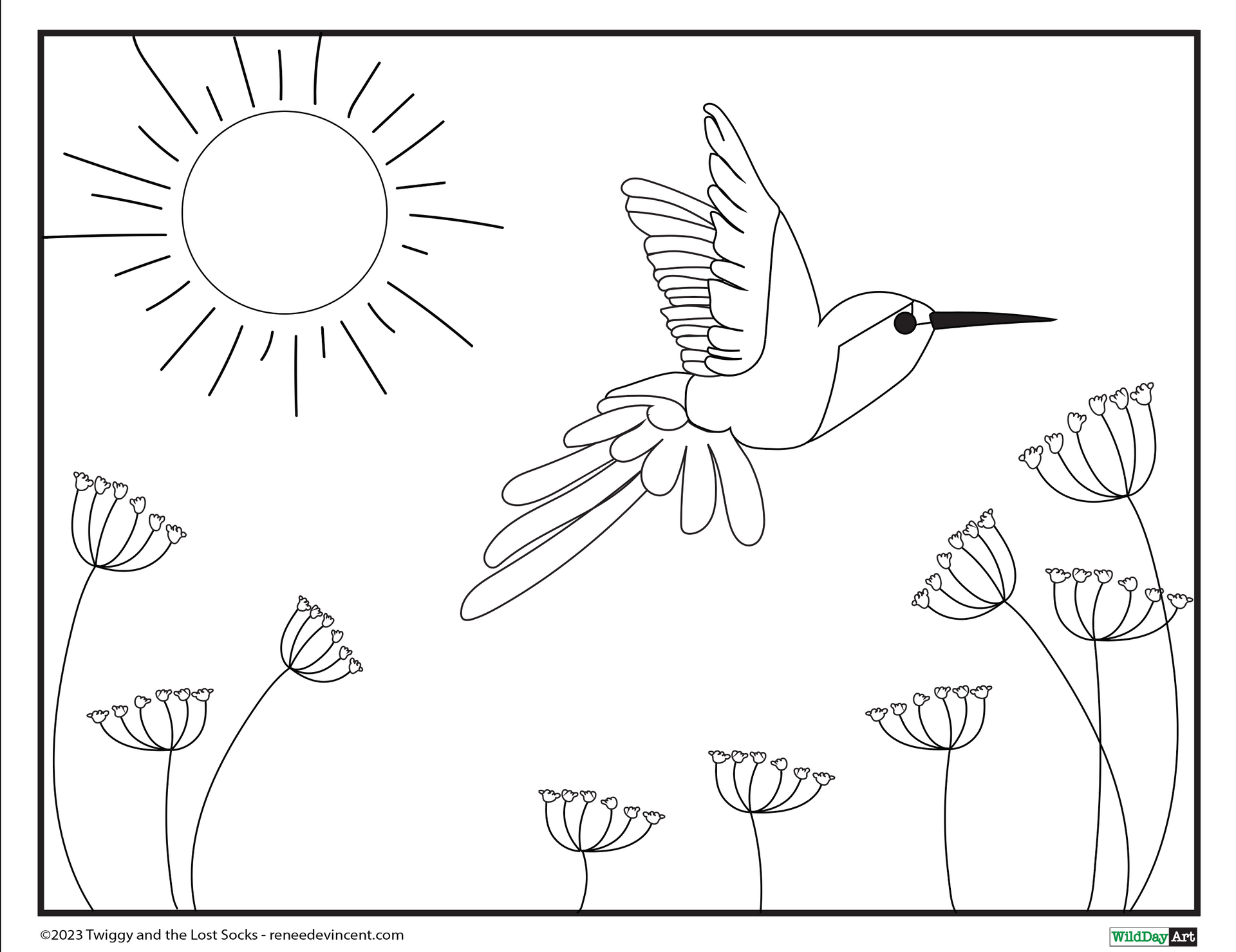 Hummingbird in flight near flowers, sun overhead.