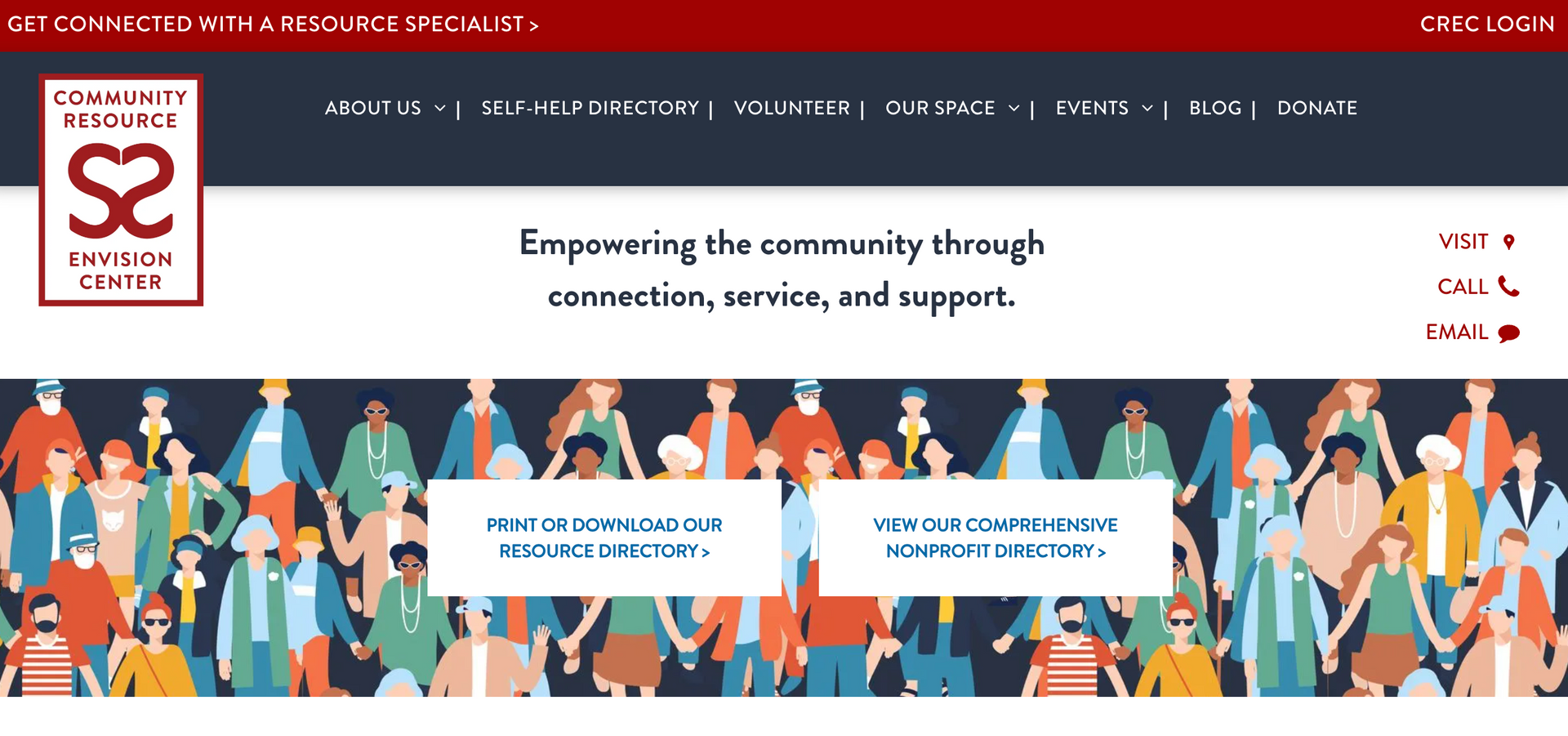 Website homepage with logo, menu, text, and illustration of people.