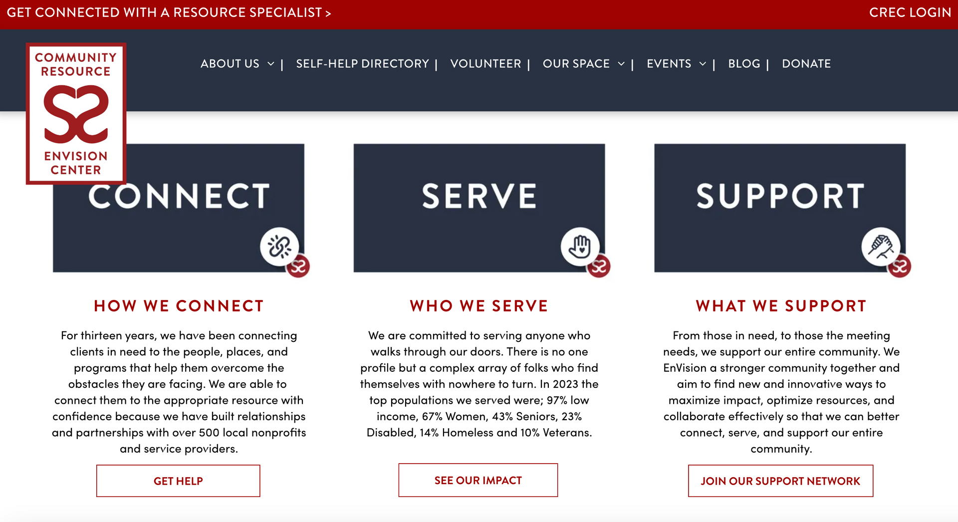Community resources website: Connect, Serve, Support; with red and navy color scheme.