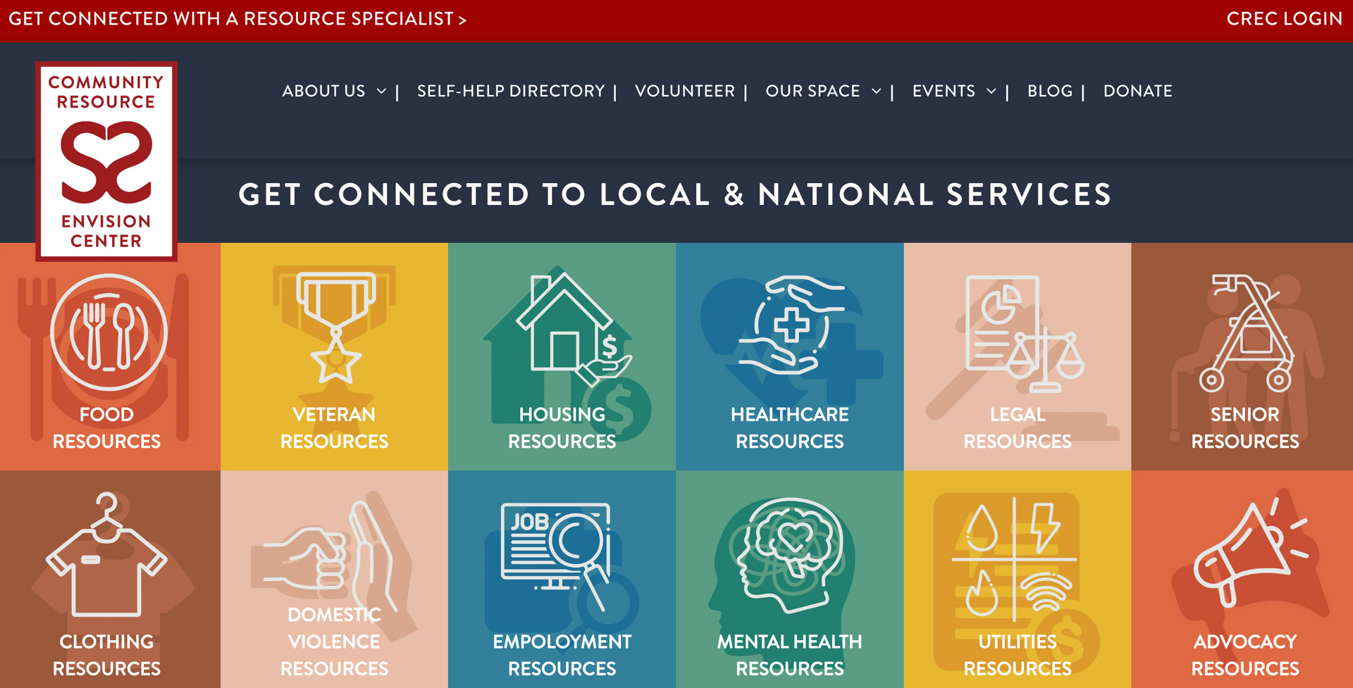Website homepage with navigation and icons for various social services.