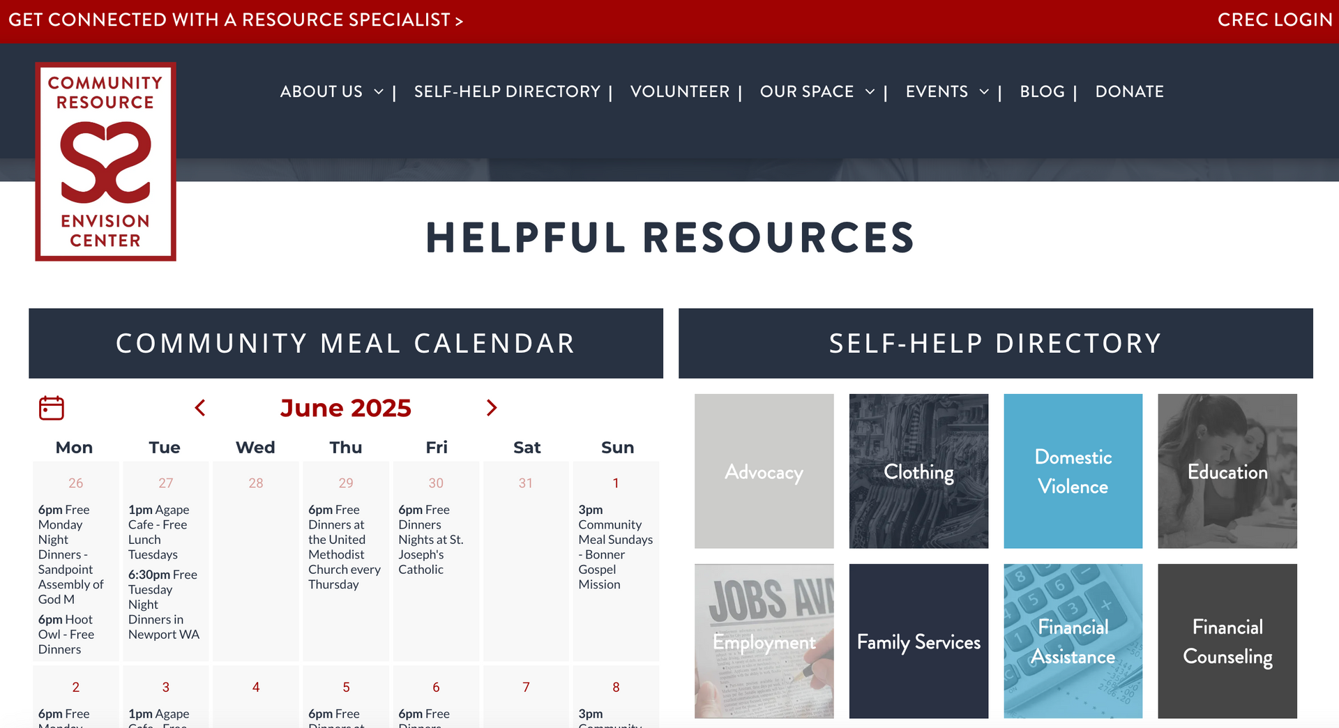 Website with helpful resources: community meal calendar and self-help directory.