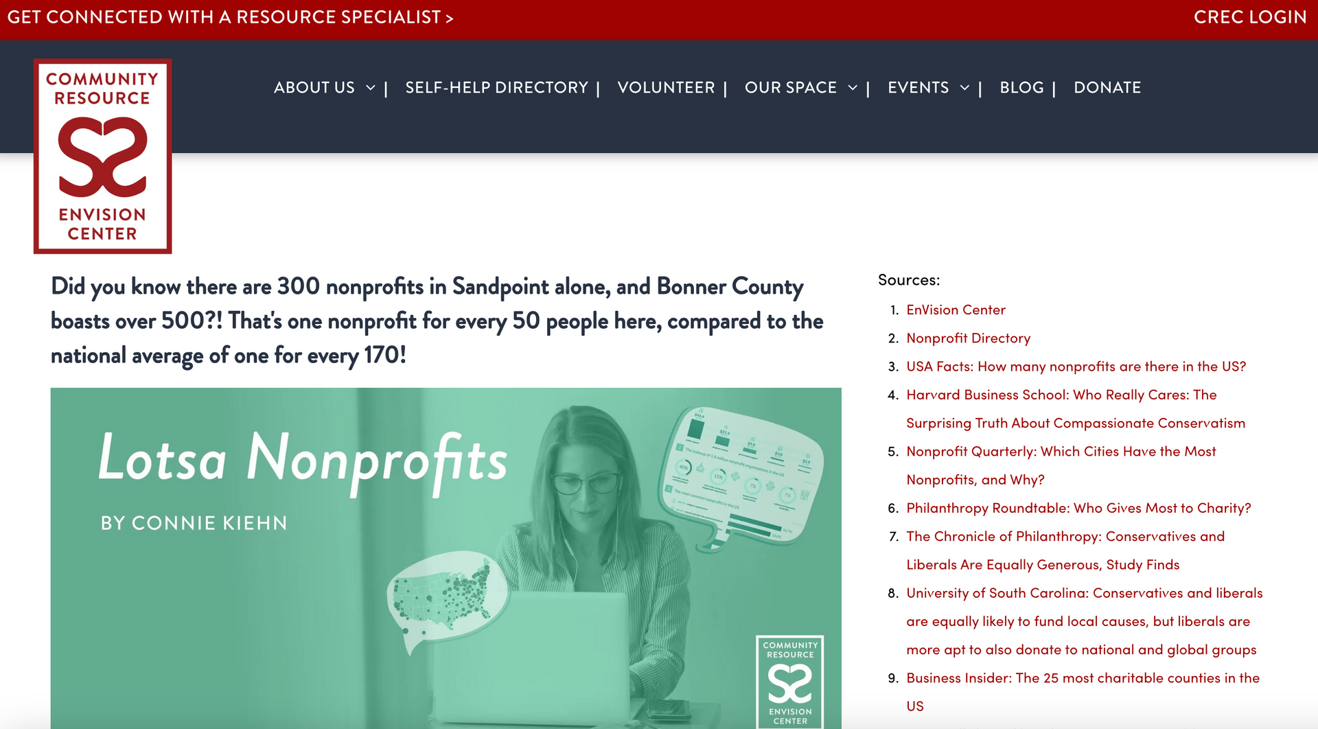 Community Resource Center website: Woman using a laptop with text bubble images.