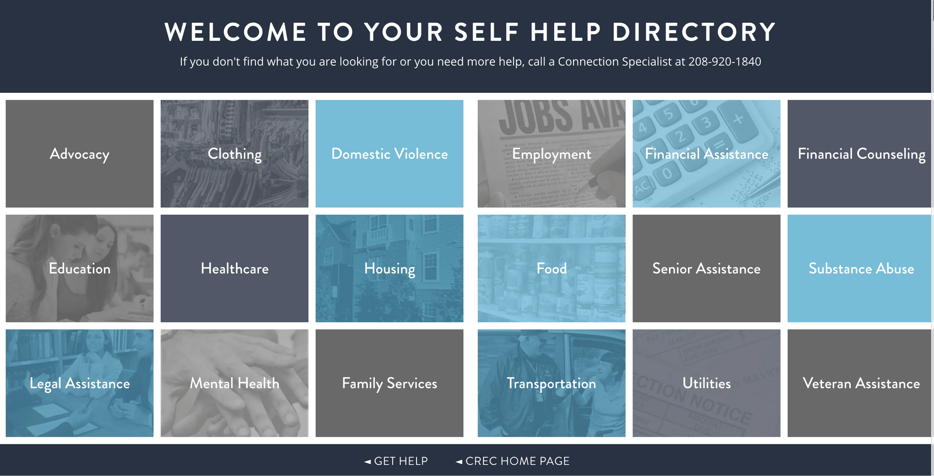 Self Help Directory with service categories in rectangular boxes.
