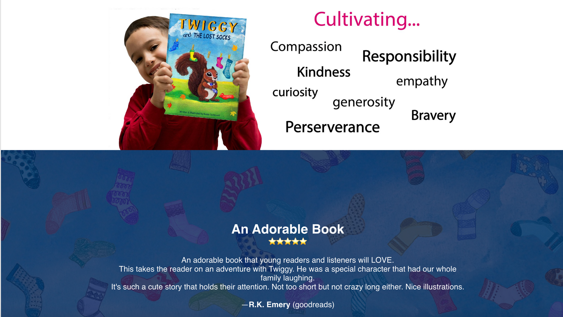 Boy holding a book about a squirrel; lists virtues like kindness and bravery.