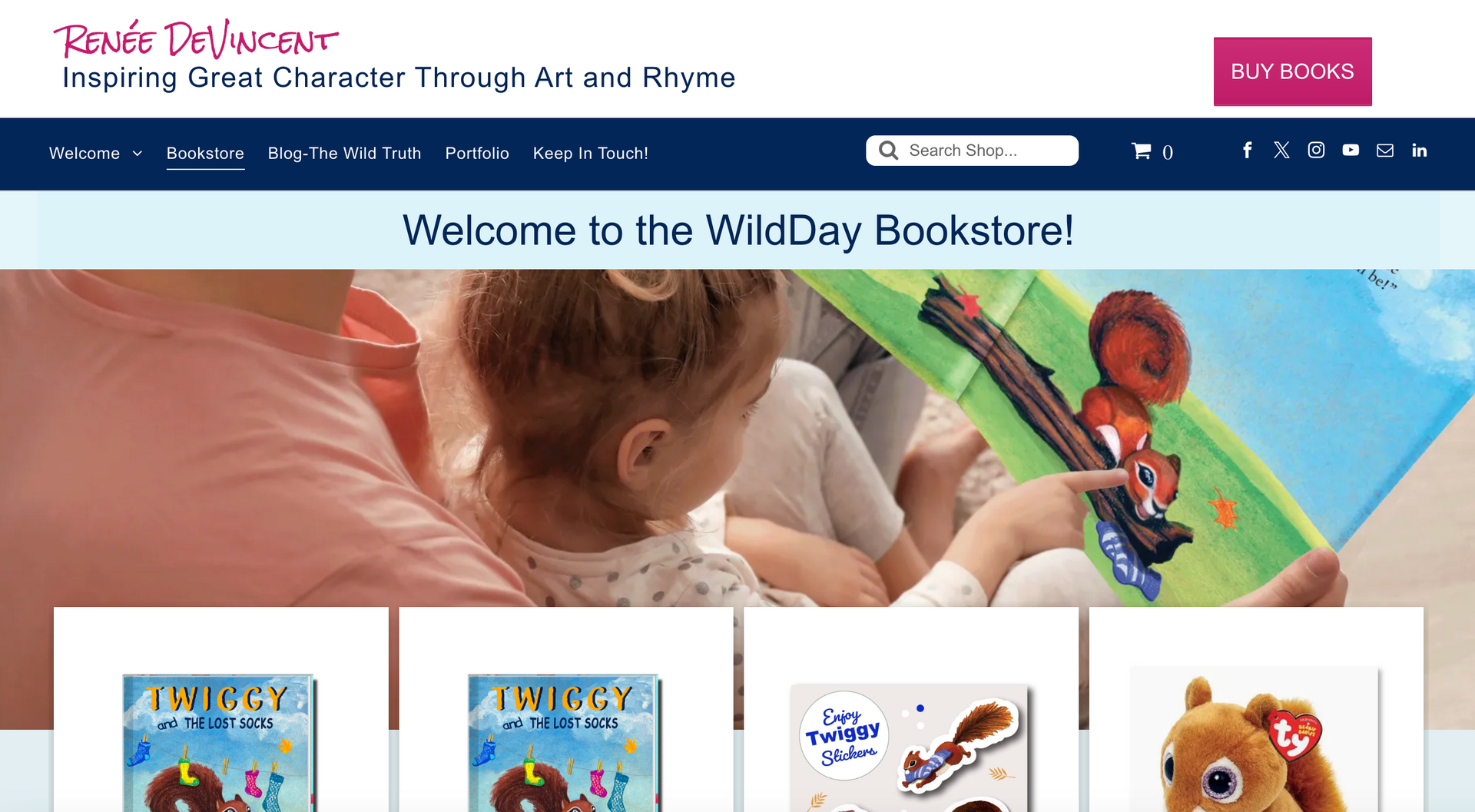WildDay bookstore website with book covers and a stuffed animal.
