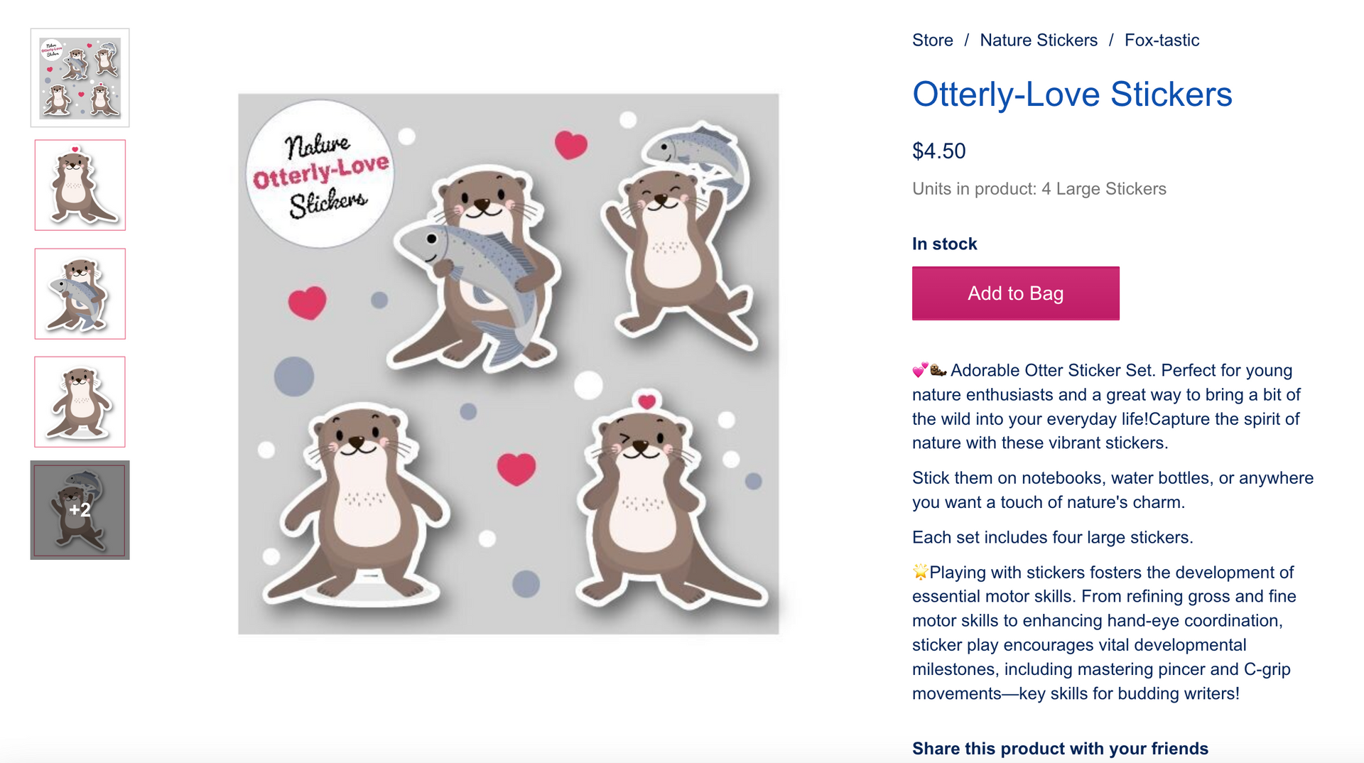 Otterly-Love stickers, various otters, fish, hearts, and dots on gray background.