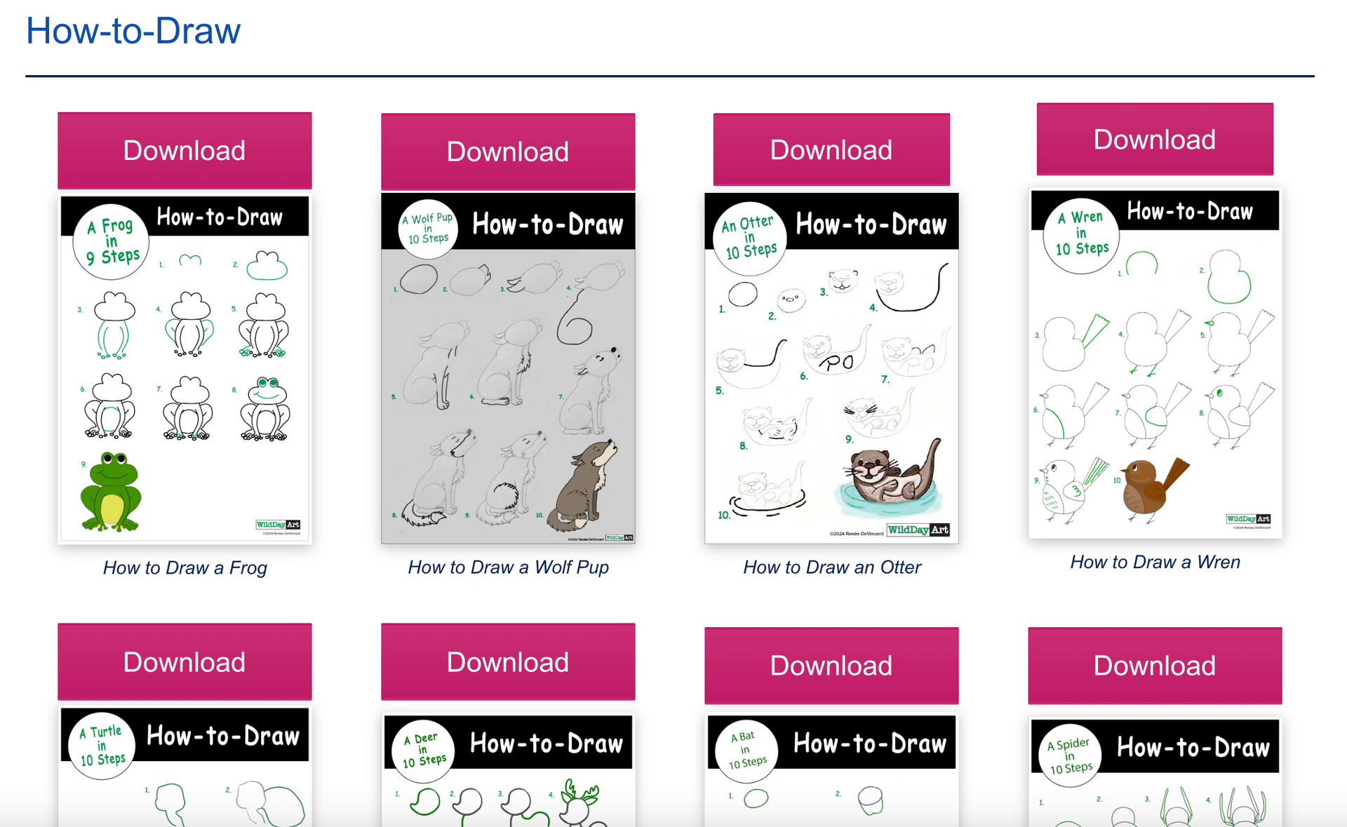 How-to-draw tutorials: frog, fish, cat, bear, and others with