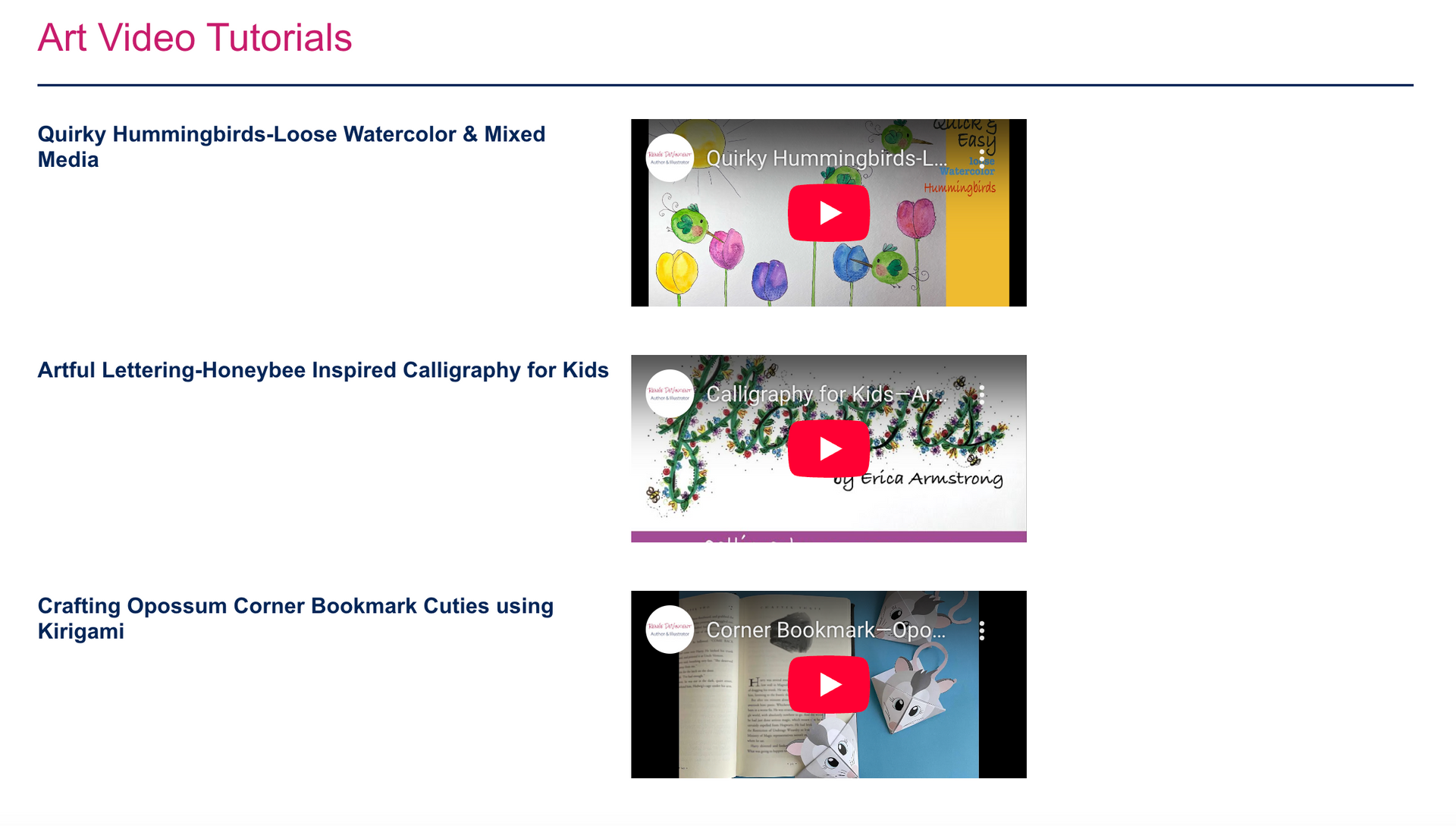 Art video tutorials: Mixed media, calligraphy, and origami videos with play buttons.