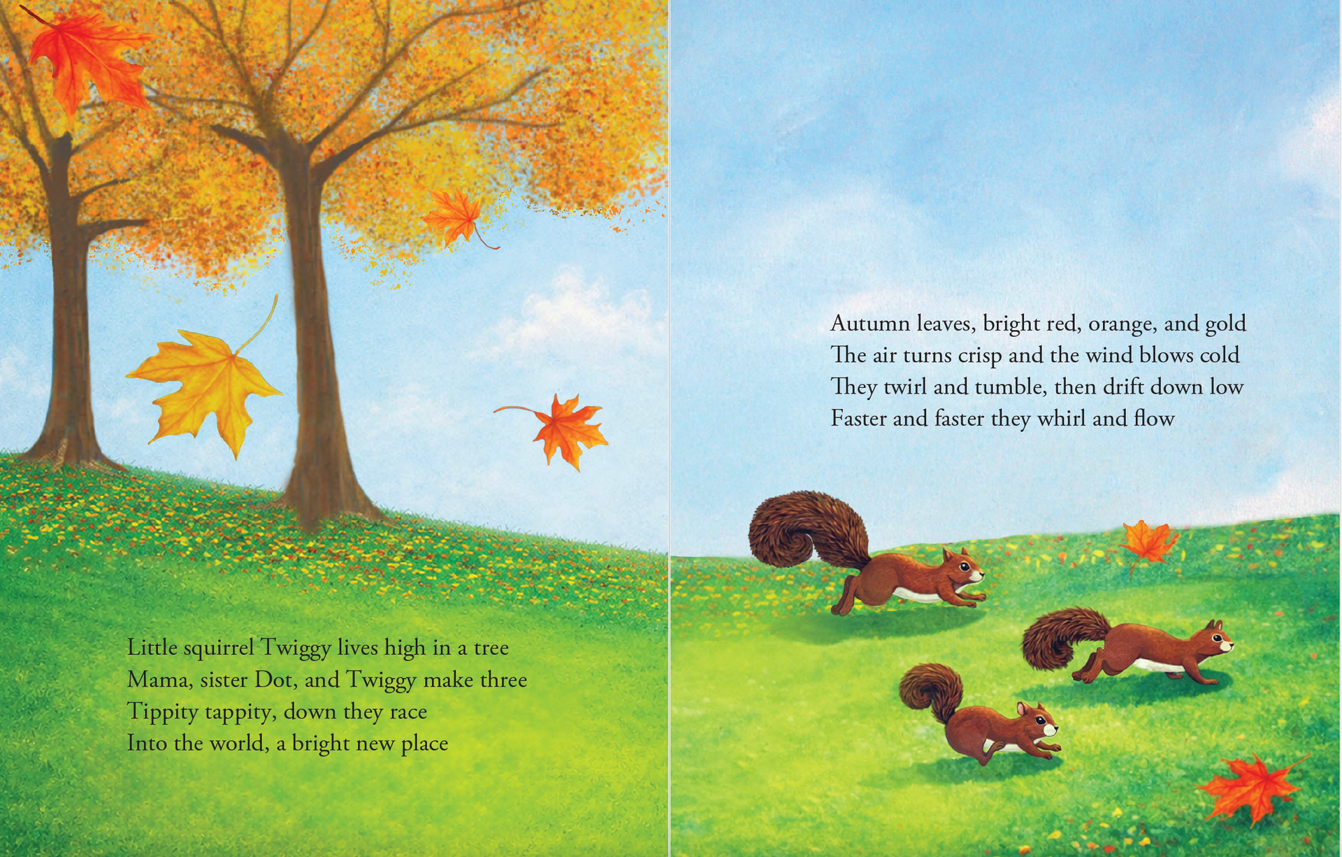 Autumn scene with orange trees, green hills, and squirrels playing near a fallen leaf.