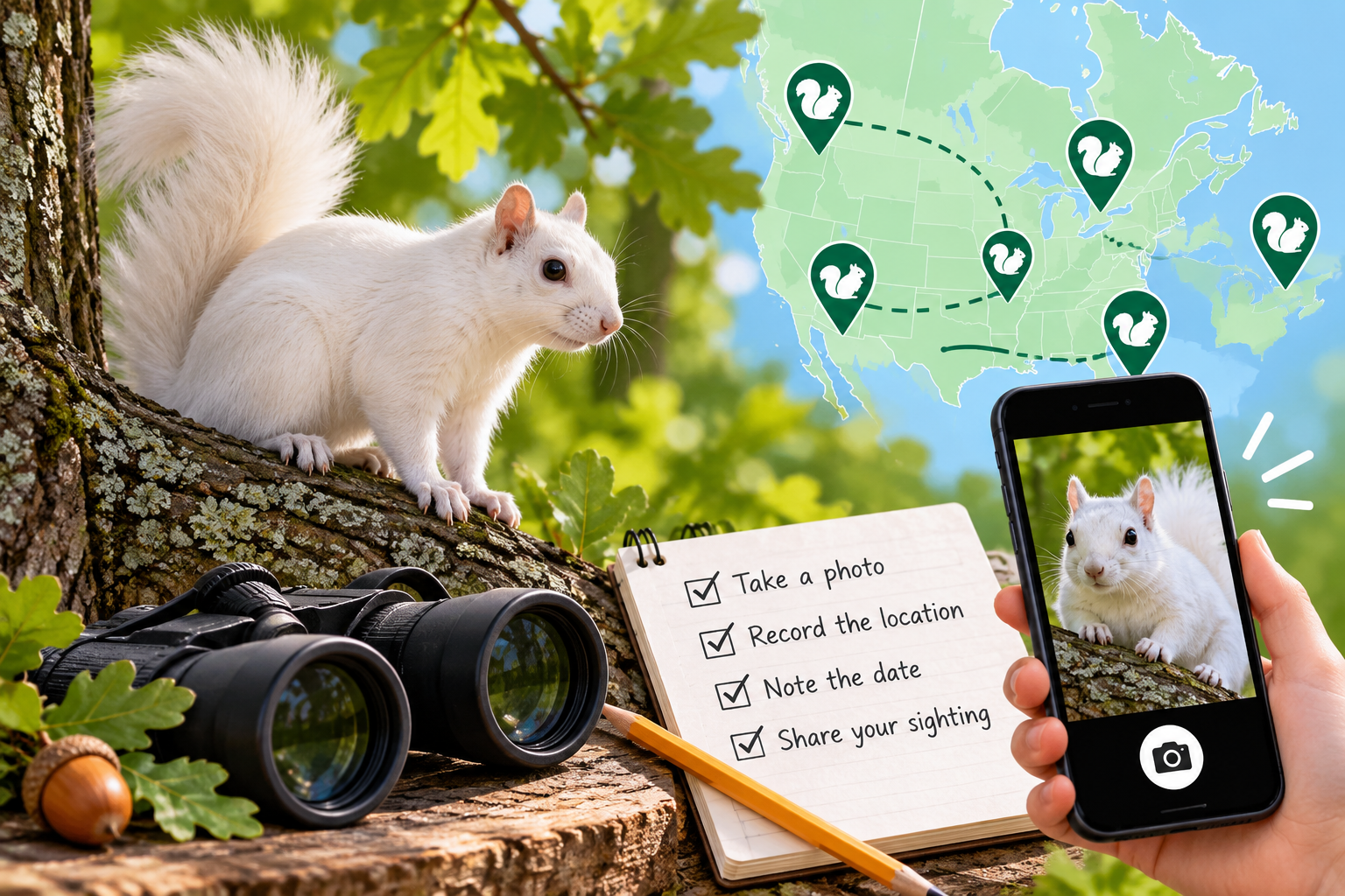 White squirrel on log with binoculars, phone showing squirrel photo, and map pins in a sunny forest scene