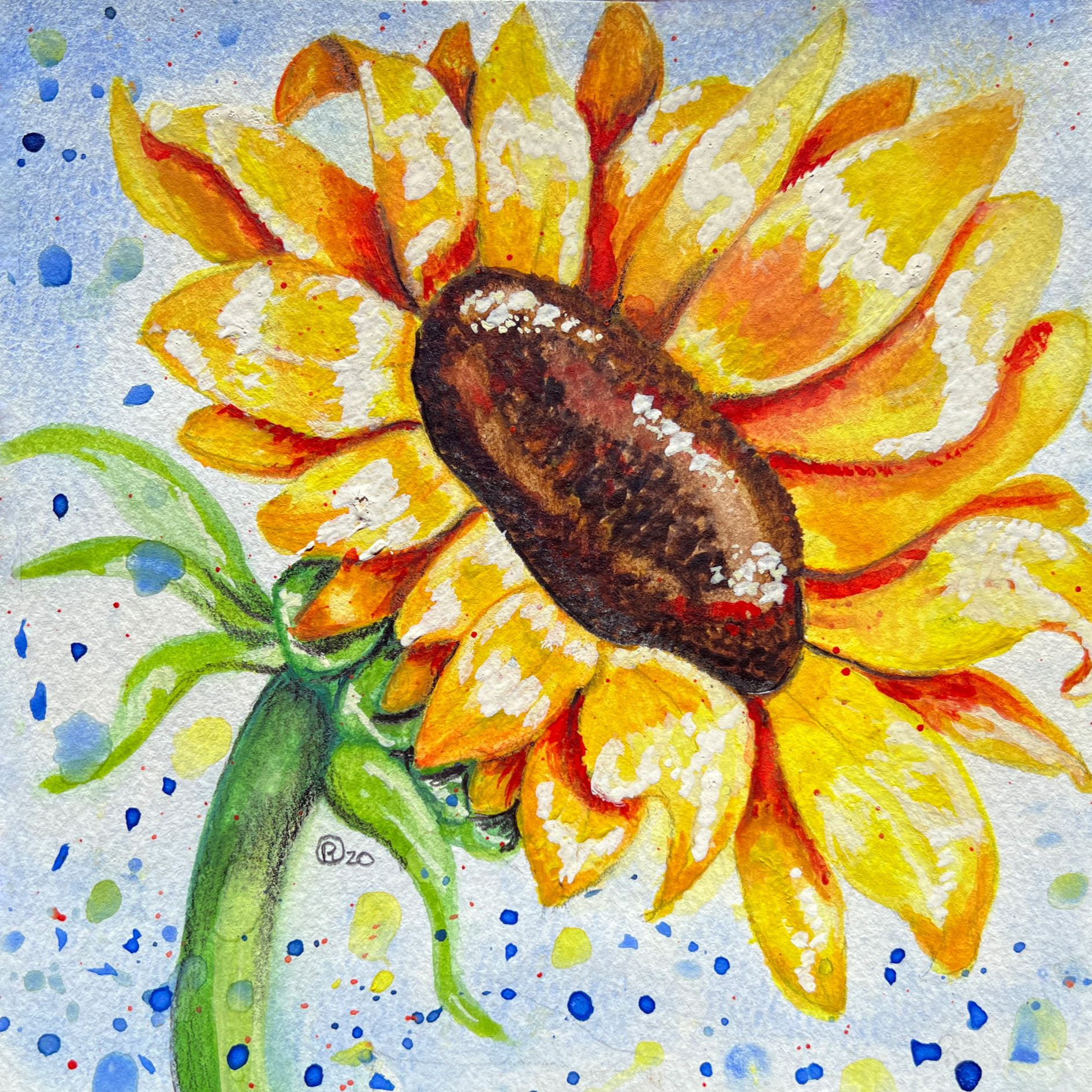 Close-up watercolor painting of a bright yellow sunflower with a brown center, green stem, and blue splattered background.