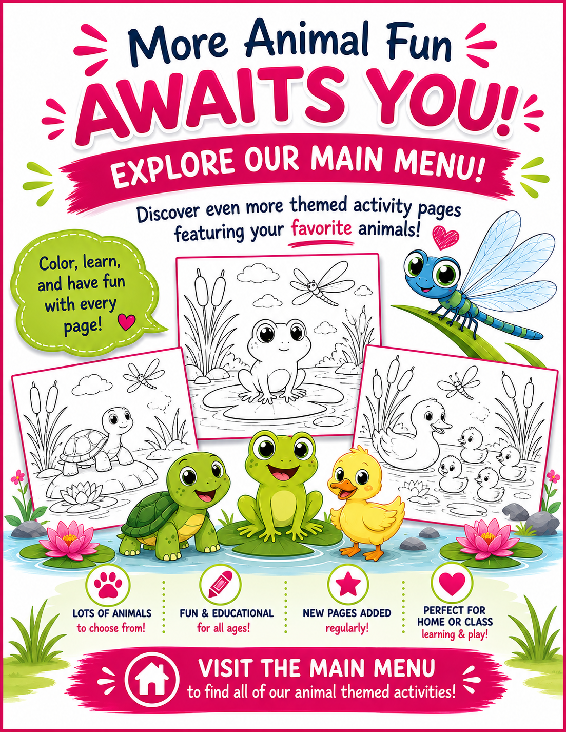 Activity poster with cartoon dragonfly, pond plants, and other wildlife. Text promoting free resources.