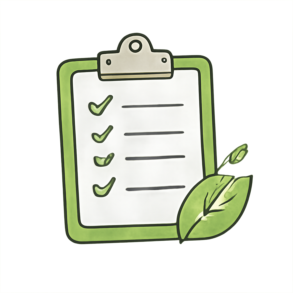 Green clipboard checklist with check marks and a leaf icon