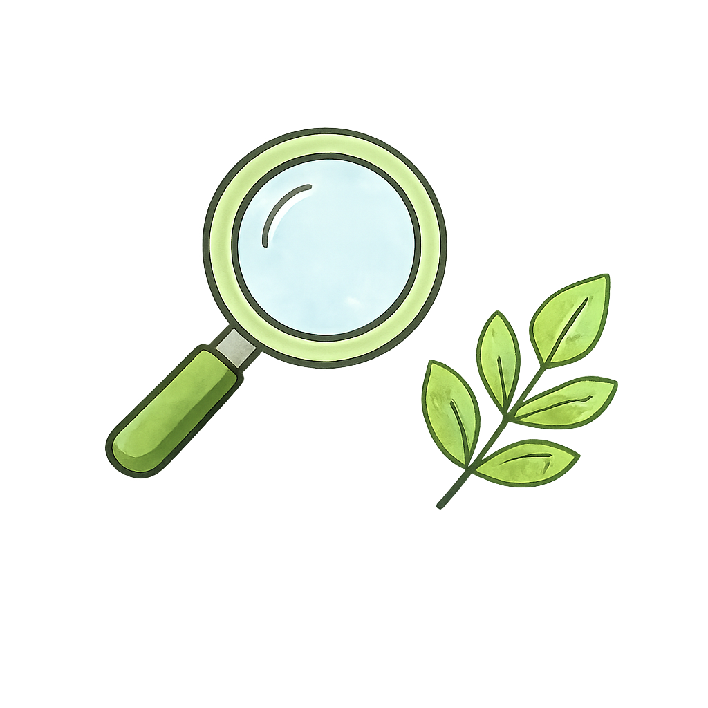 Green magnifying glass beside a small leafy branch on a white background