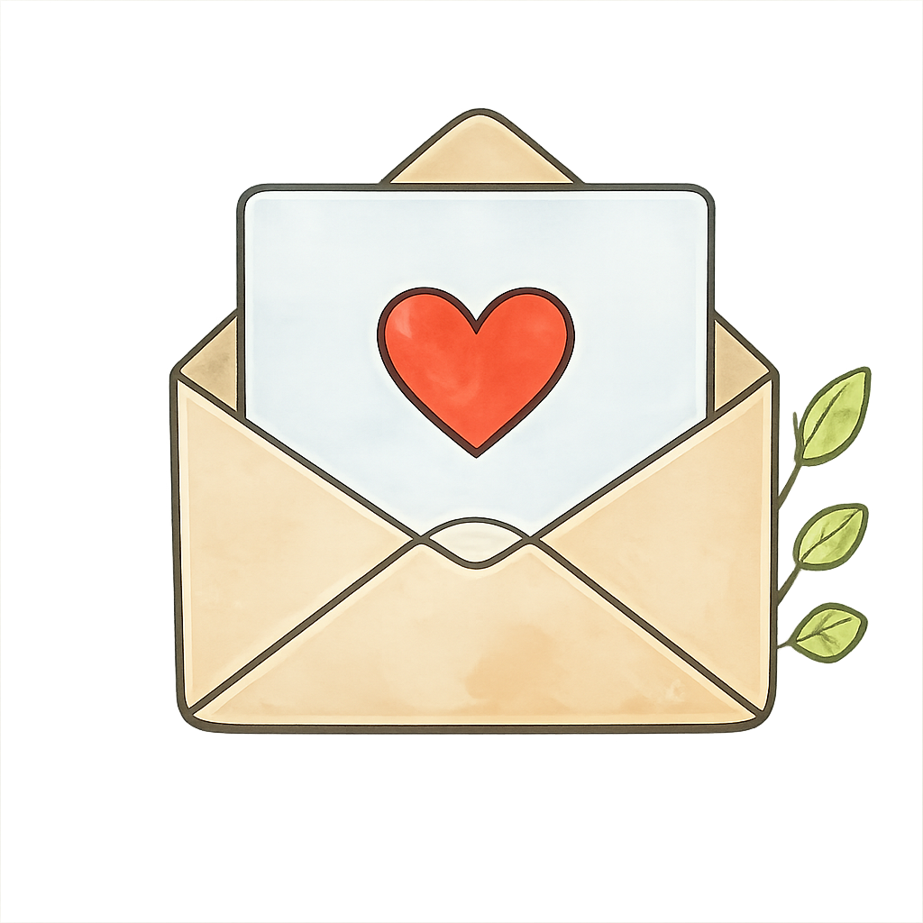 Open envelope with a card showing a red heart and green leaves