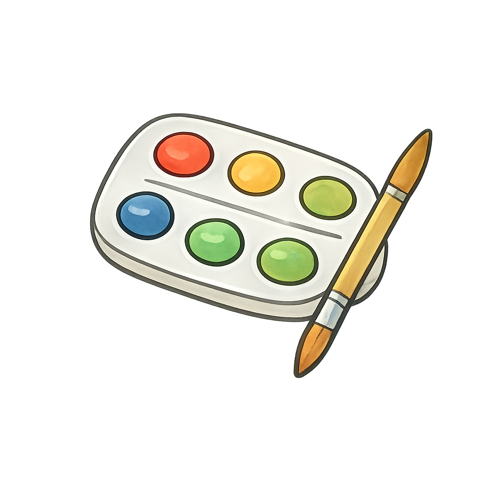 Paint palette with five paint colors and a paintbrush