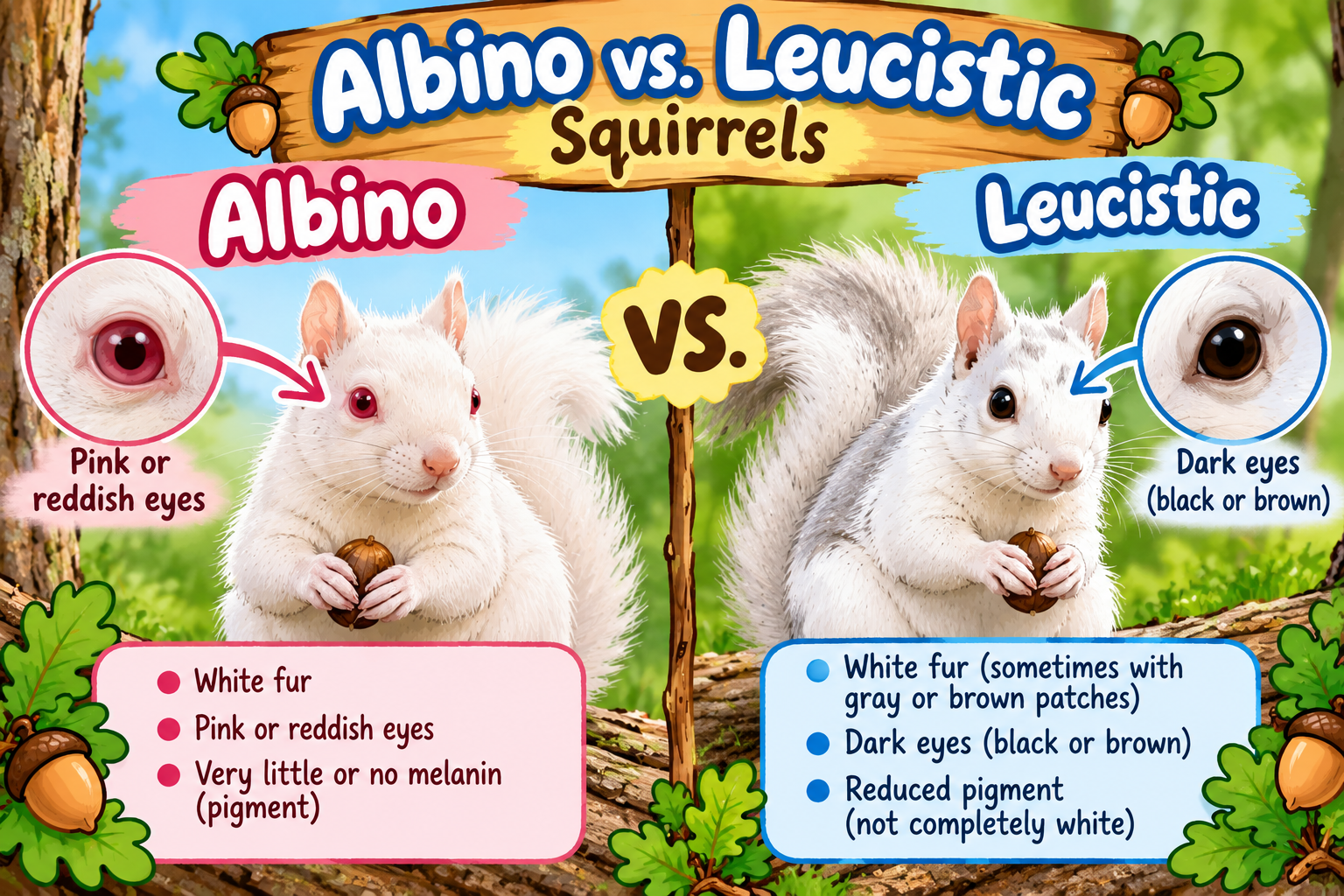 Infographic comparing albino and leucistic squirrels, showing eye, fur, and color differences.