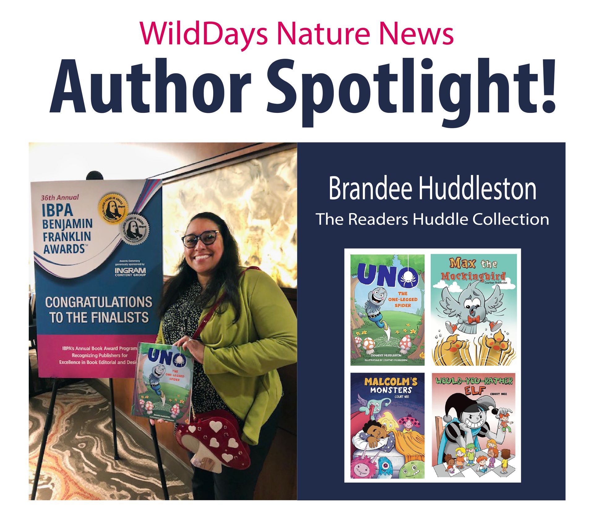 Author Spotlight featuring Brandee Huddleston holding her book,