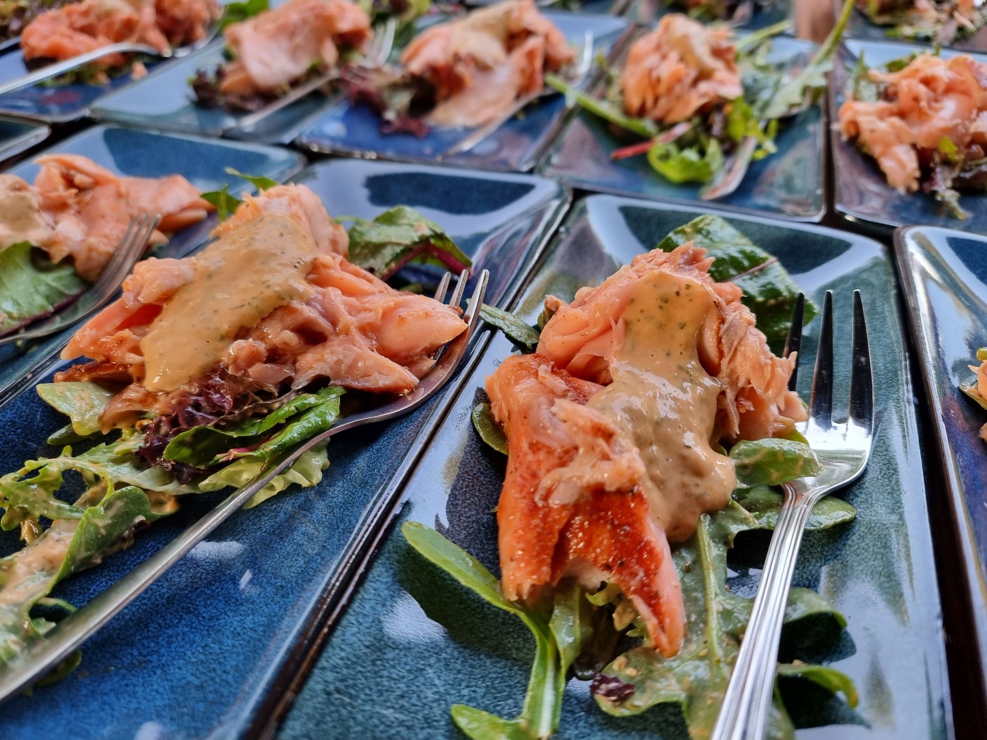 Warm gerookte zalm op blauwe bordjes met groenten.