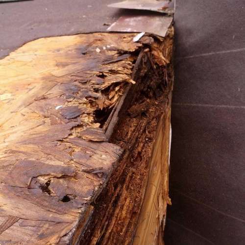 Damaged wood beam with significant rot and deterioration.