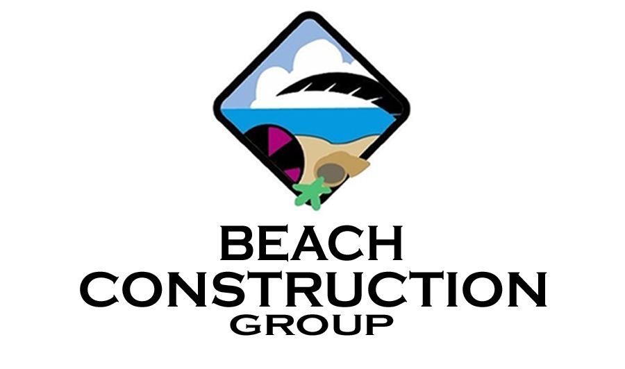 Logo: Diamond shape with beach scene, black outline, text 
