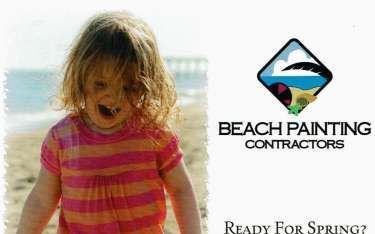Girl on beach with orange and pink shirt; Beach Painting Contractors logo,
