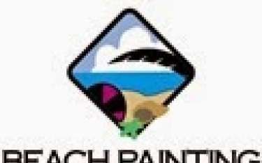 Logo: Beach scene with ocean, clouds, a stylized wave, and the words 