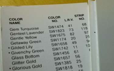 List of paint colors with codes, LRV values, and strip numbers, including Turquoise, Lavender, Yellow, and Green.