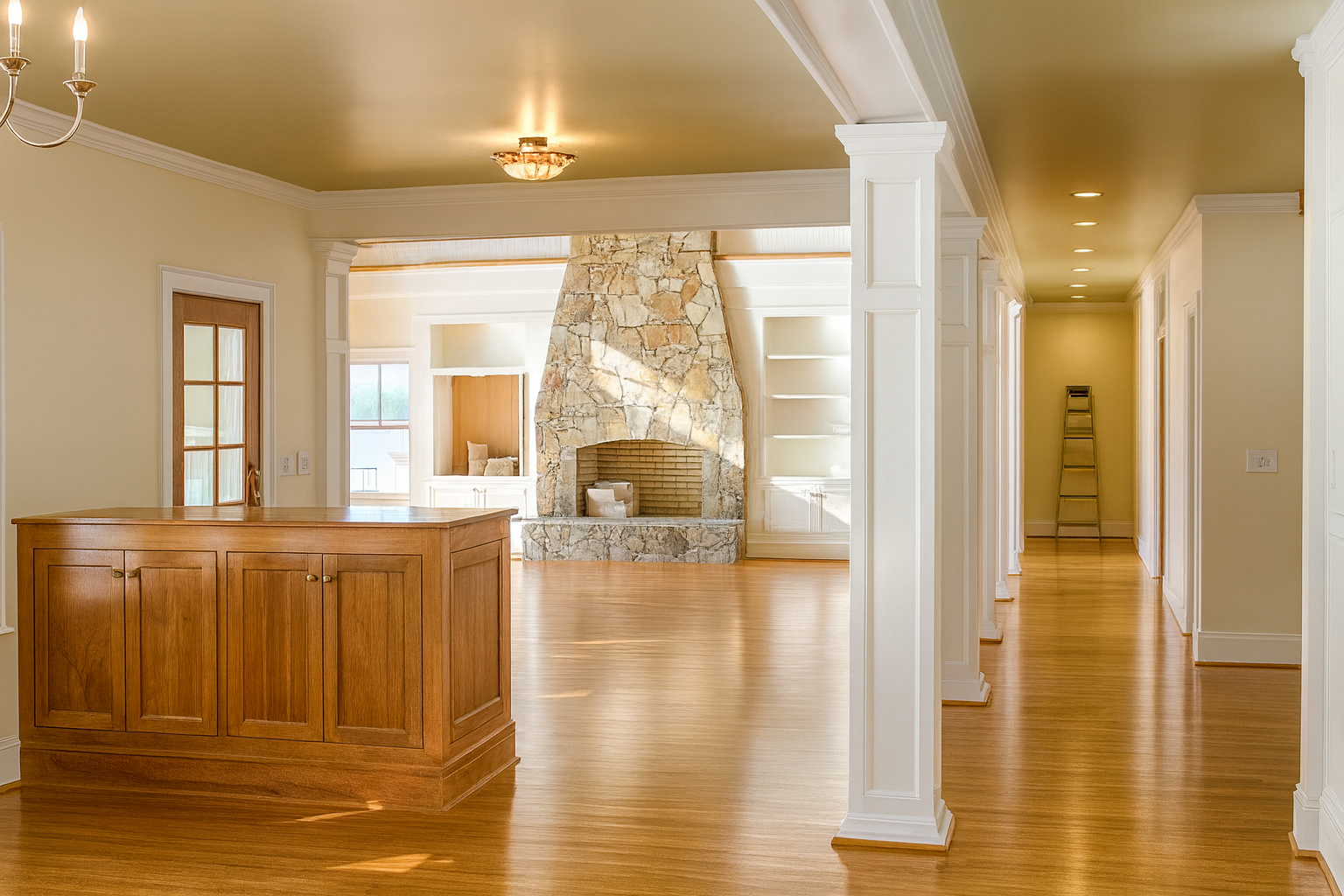 Spacious, open-concept living area with wooden floor, stone fireplace, and white pillars.