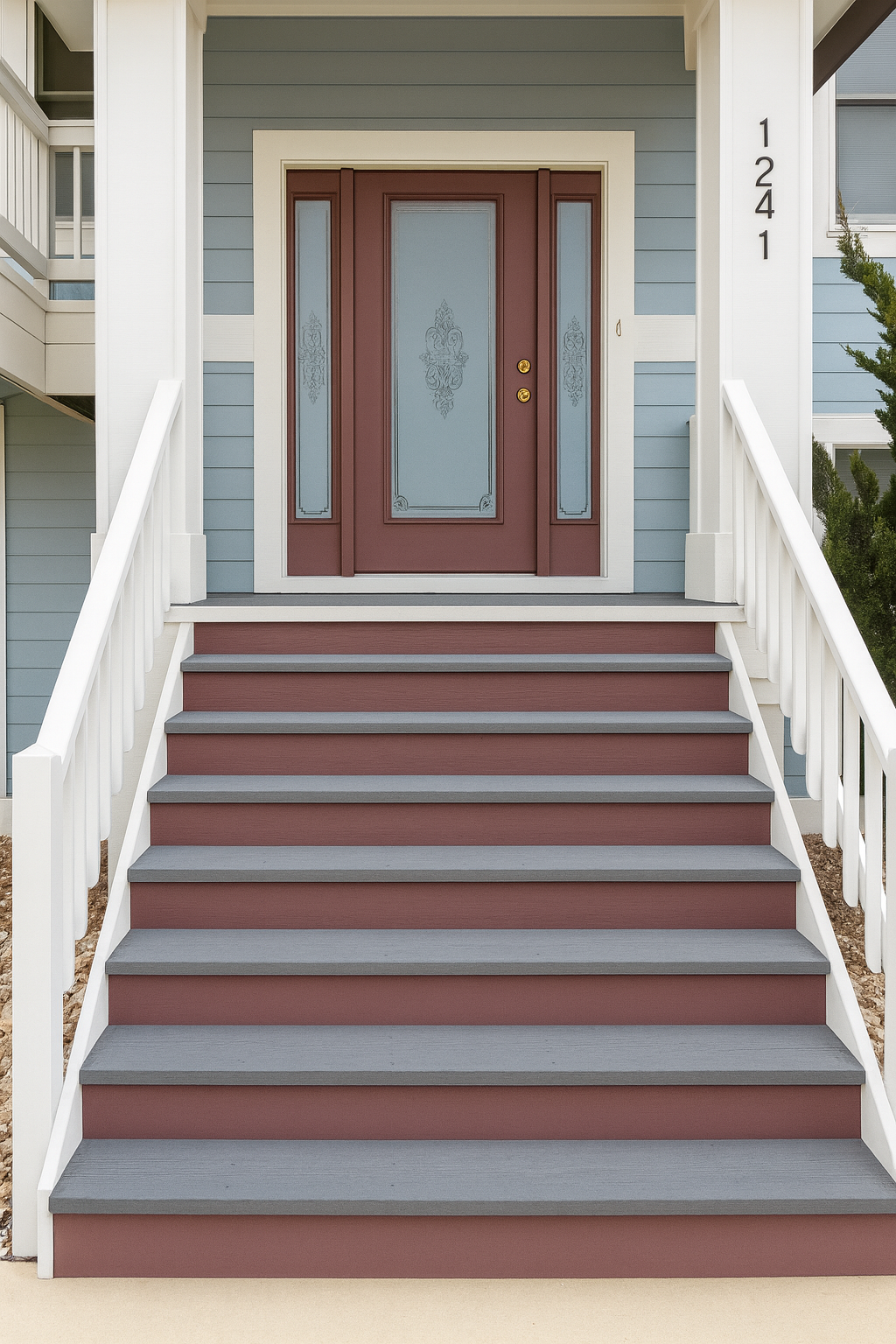 Front door entrance with burgundy door and steps. White columns and railings. Blue siding and beige foundation.