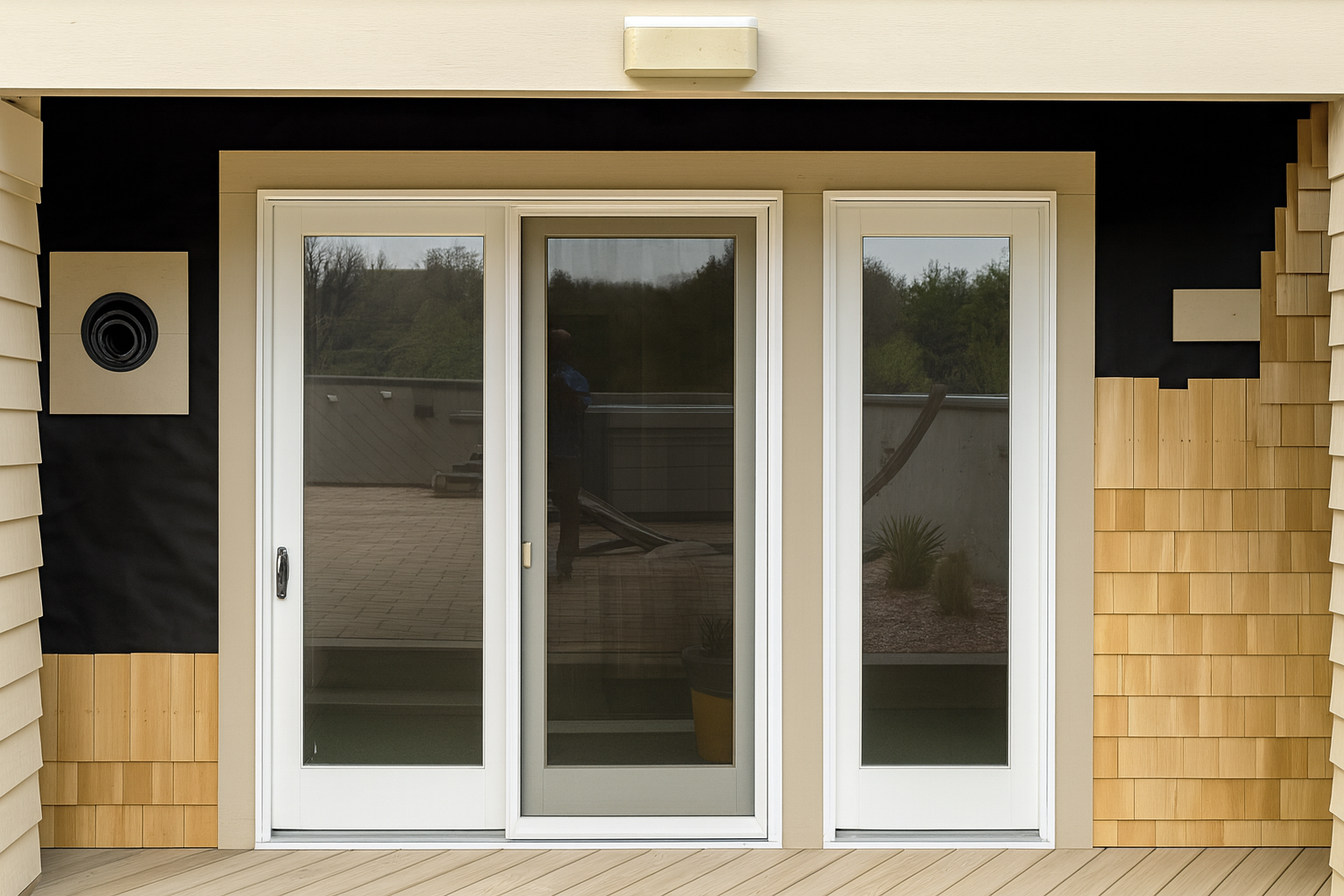 Exterior door and windows, white frames, black siding, cedar shingles.