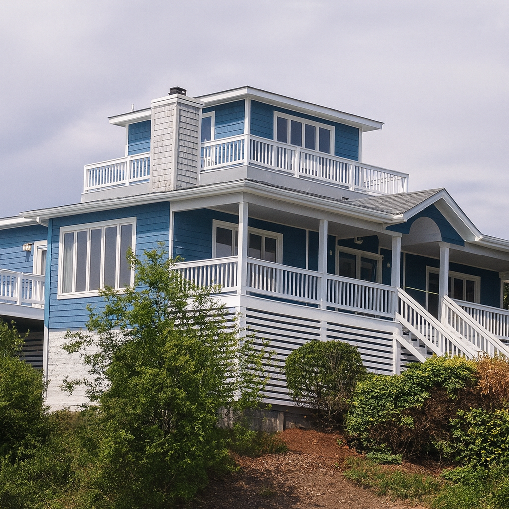 Blue and white coastal house with balconies, chimney, and landscaping on a hillside.