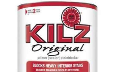 Can of KILZ Original primer; white and red color scheme. Text: 
