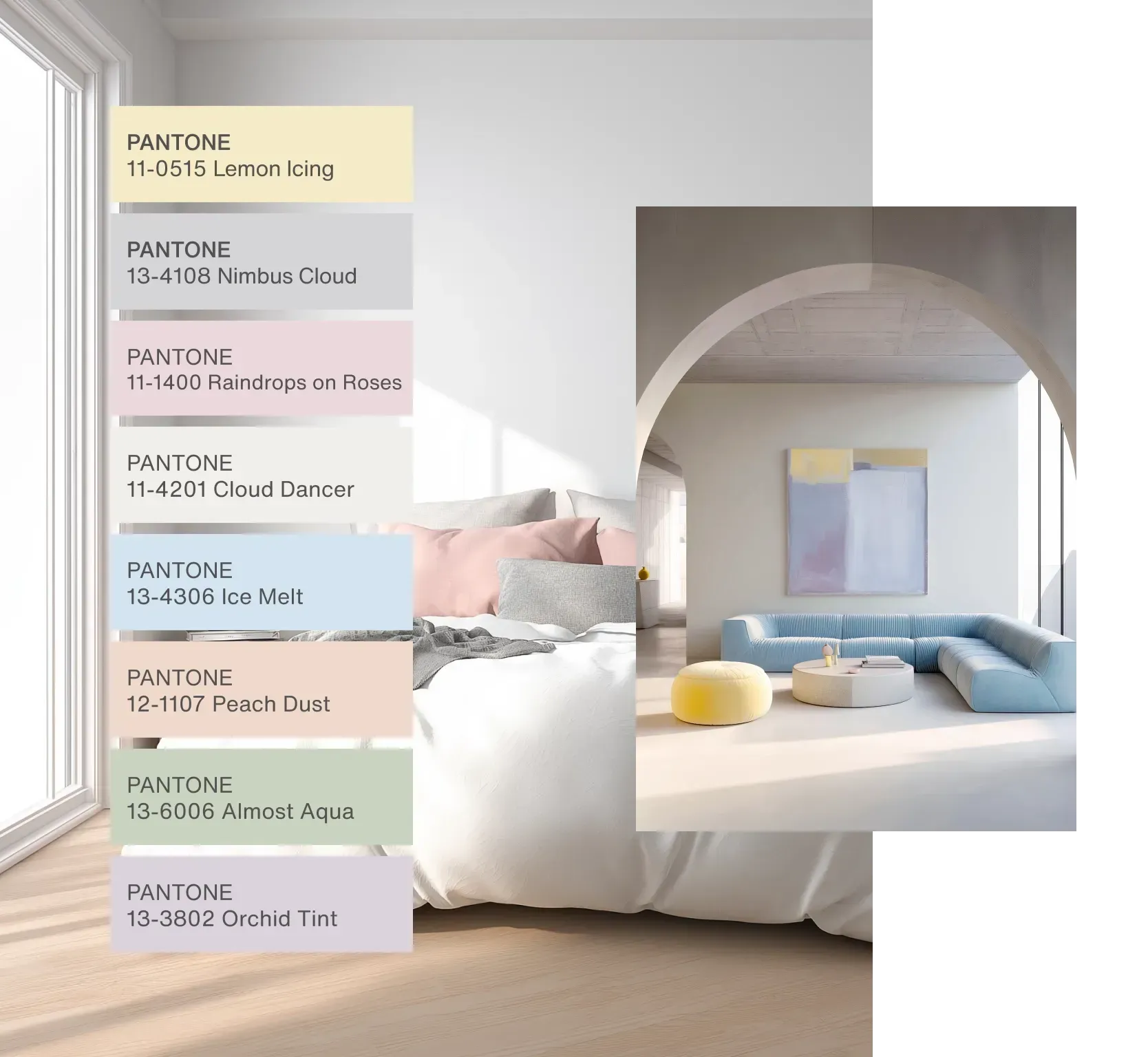 Color palette with bedroom and living room scenes. Colors include yellow, gray, pink, blue, and green.