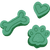 Three teal, textured pet treats shaped like a bone, a heart, and a paw print.