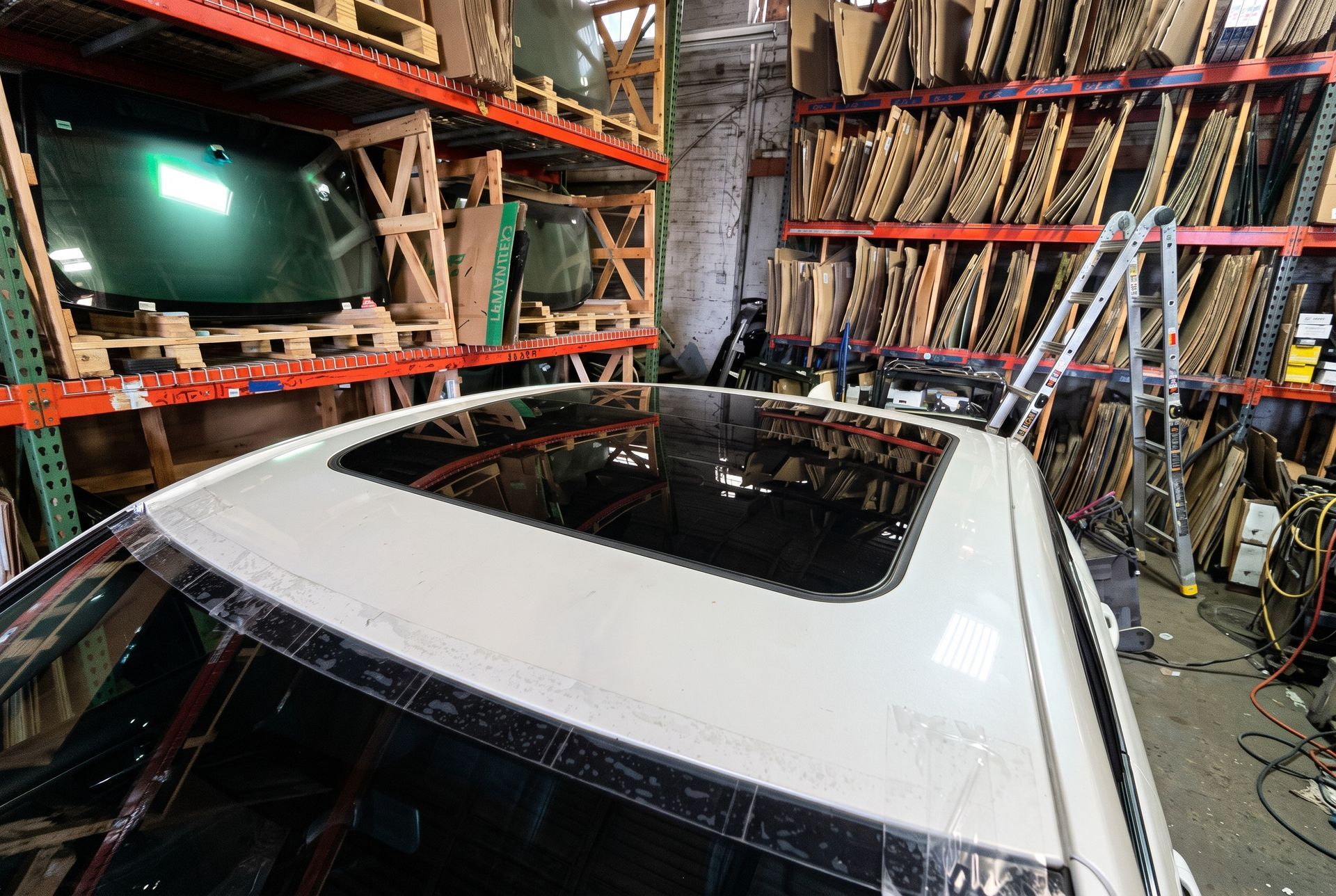 Black car roof panel resting on a stand in a garage, reflecting overhead windows.