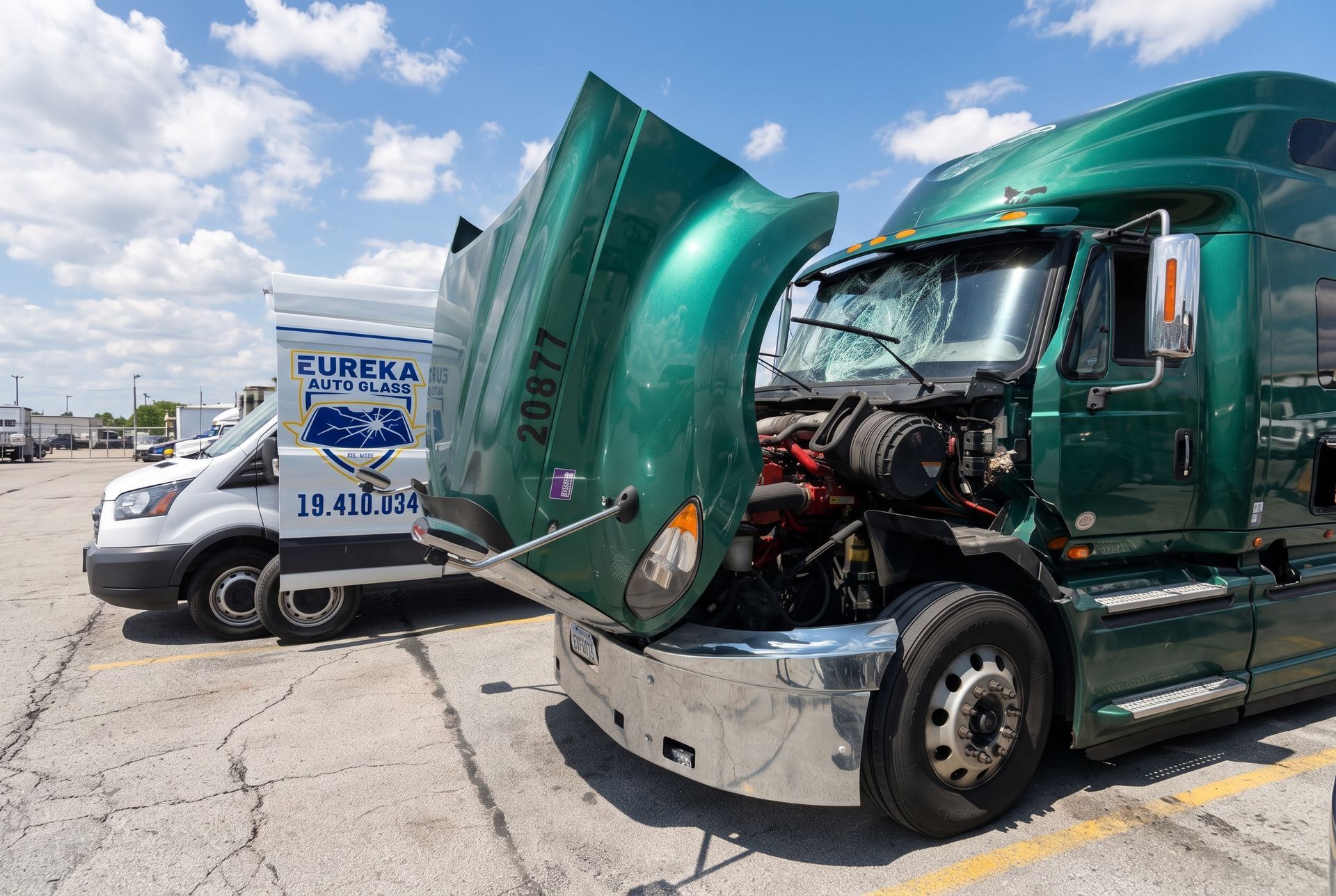 Green semi truck with raised hood after a crash, parked beside a white van on a roadside under a blue sky