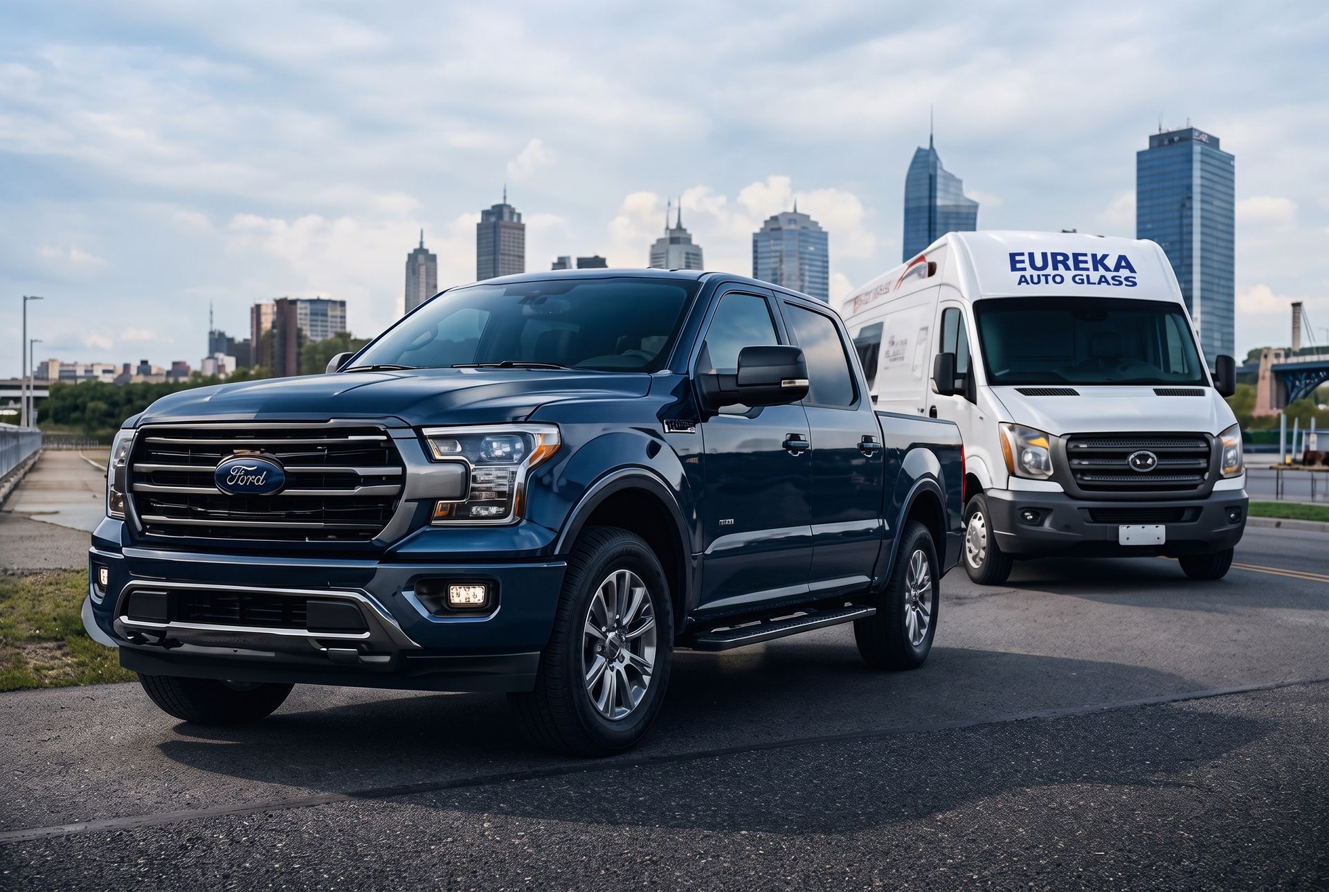 Two white delivery vans beside a black Ford truck in an urban lot with a city skyline behind them
