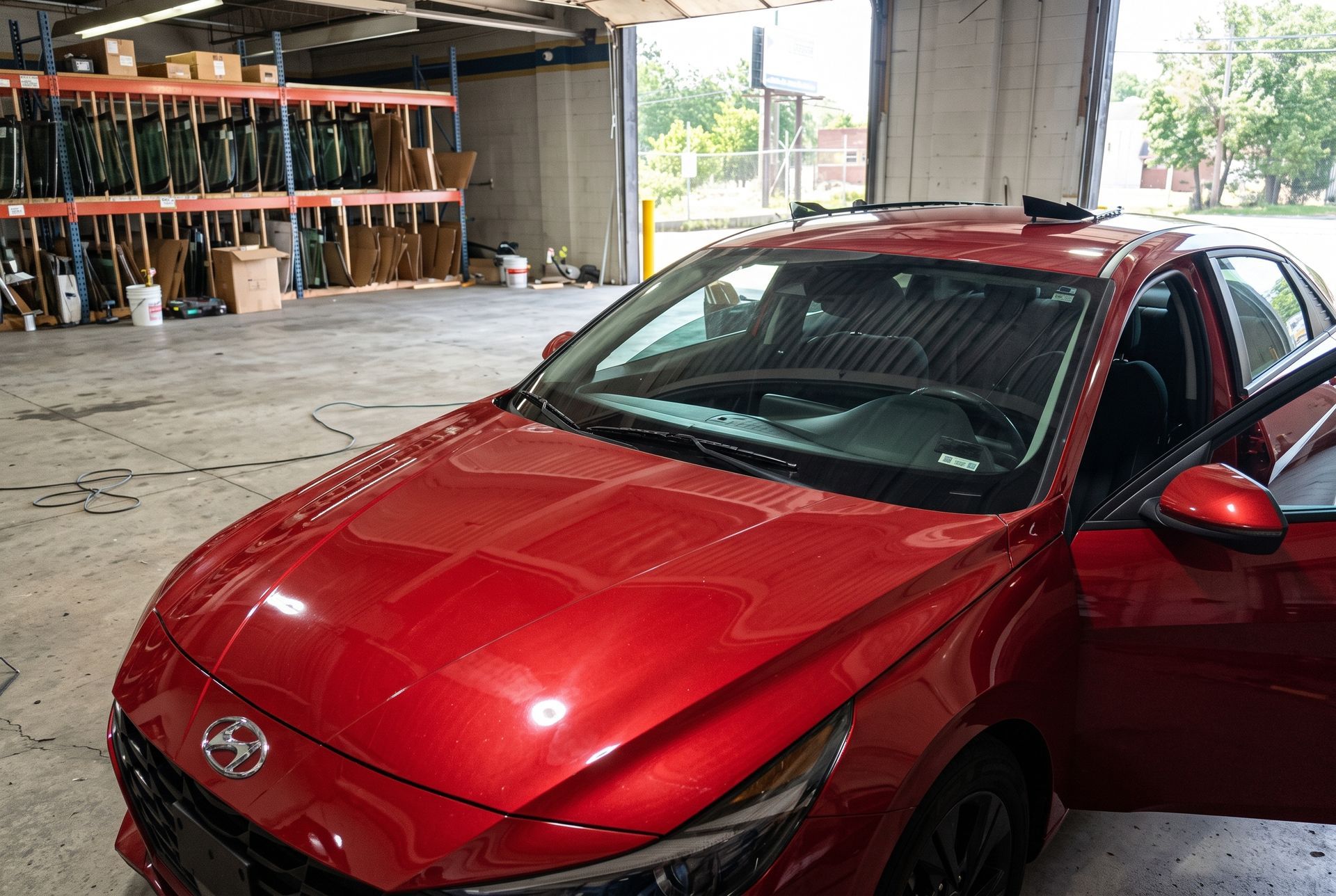 Red car parked inside a warehouse garage near shelving and open doorway