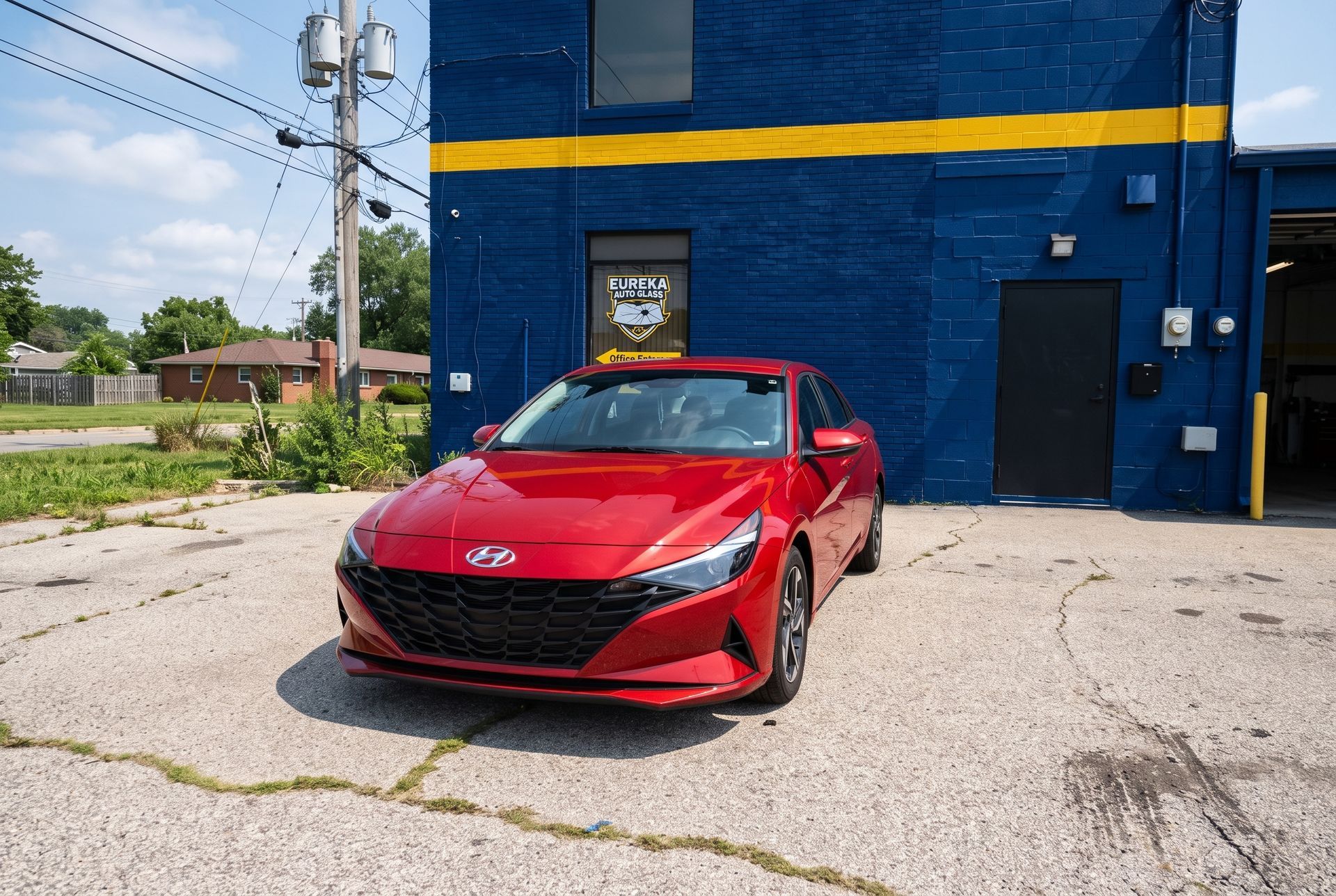 Red Hyundai sedan parked beside a blue building with a yellow stripe on a sunny day