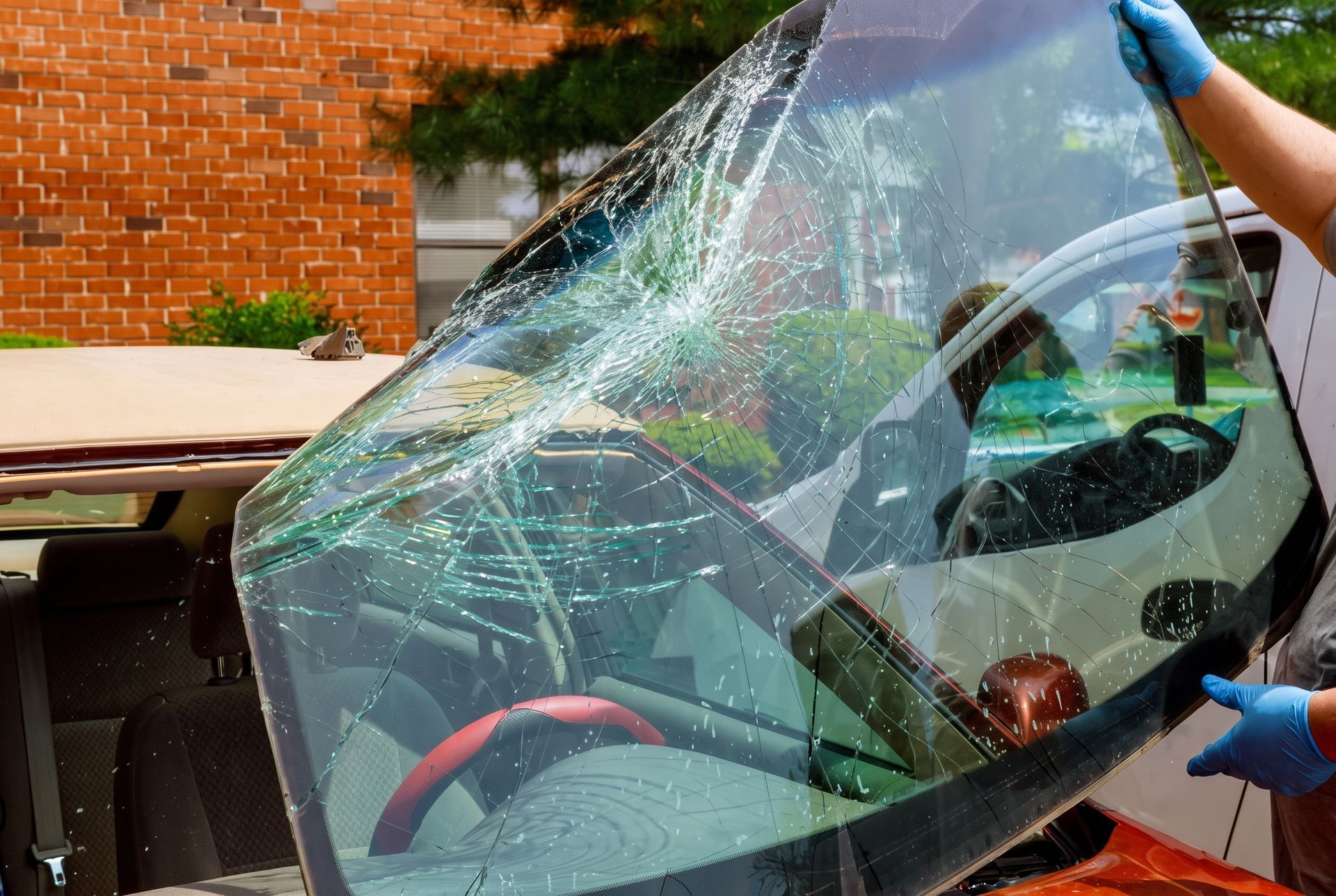 Person cleaning a car windshield with blue gloves, spraying water over a cracked glass panel outdoors