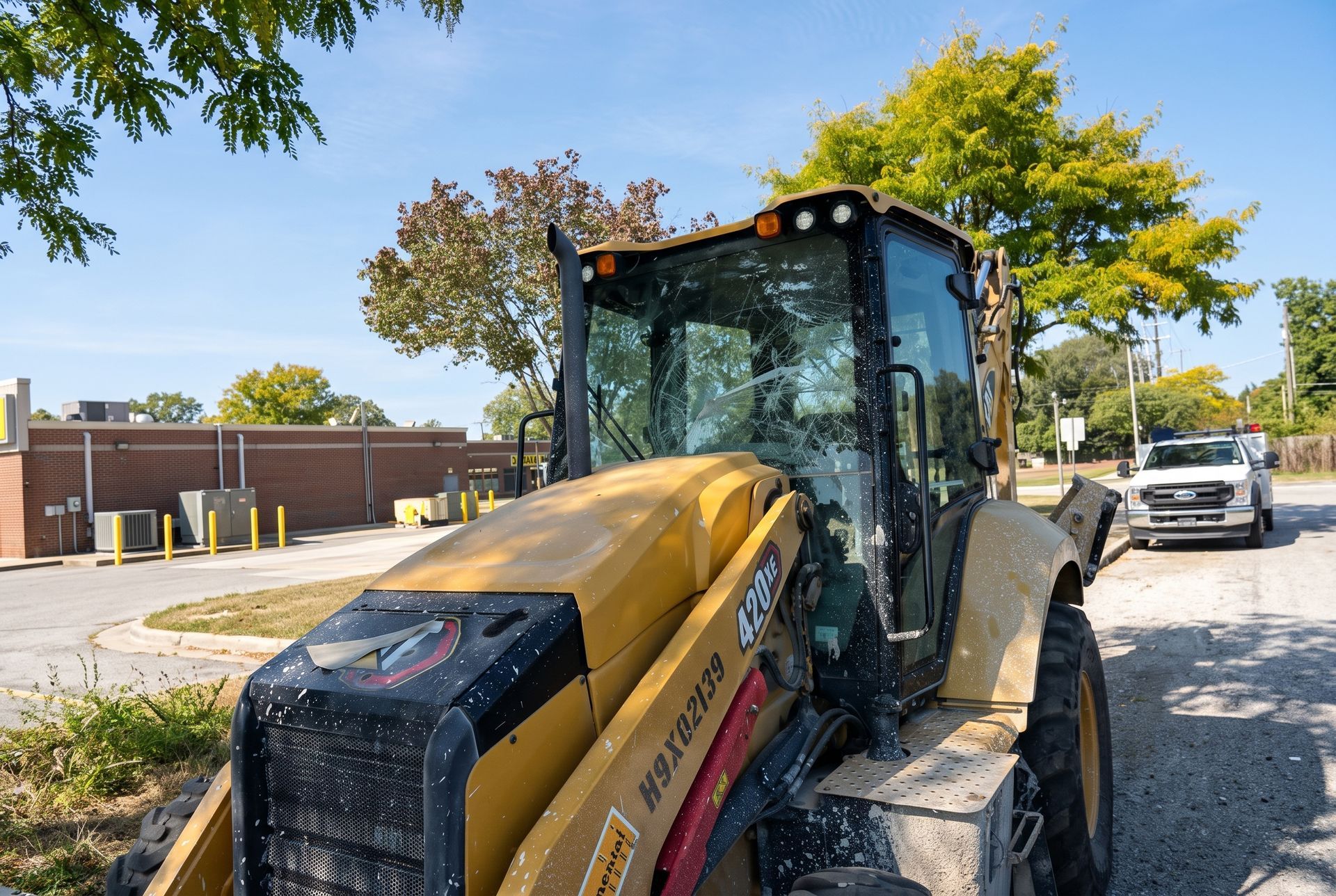 Yellow construction loader parked on a street beside a brick building and trees