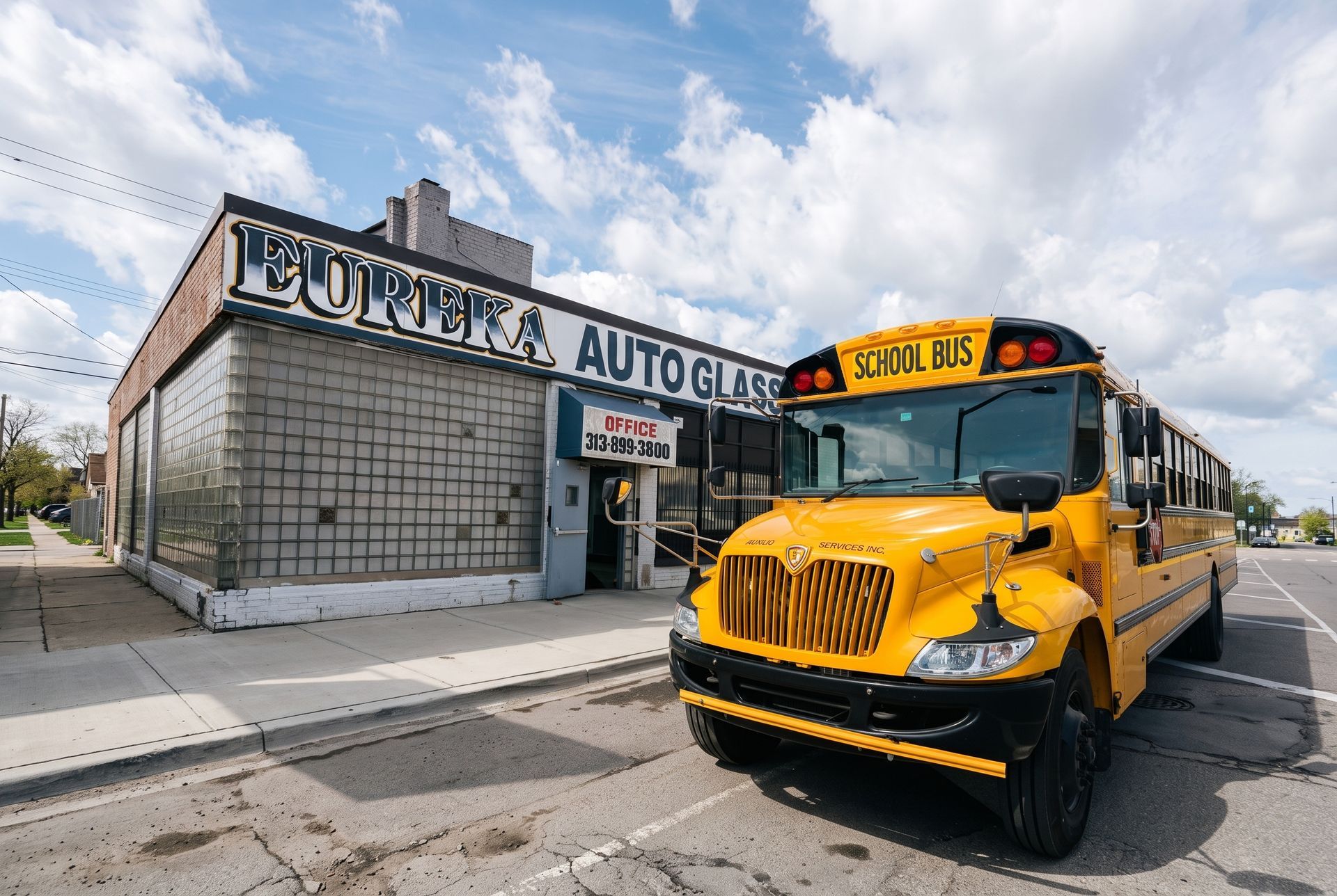 Yellow school bus parked outside a glass-front auto glass shop on a sunny street.