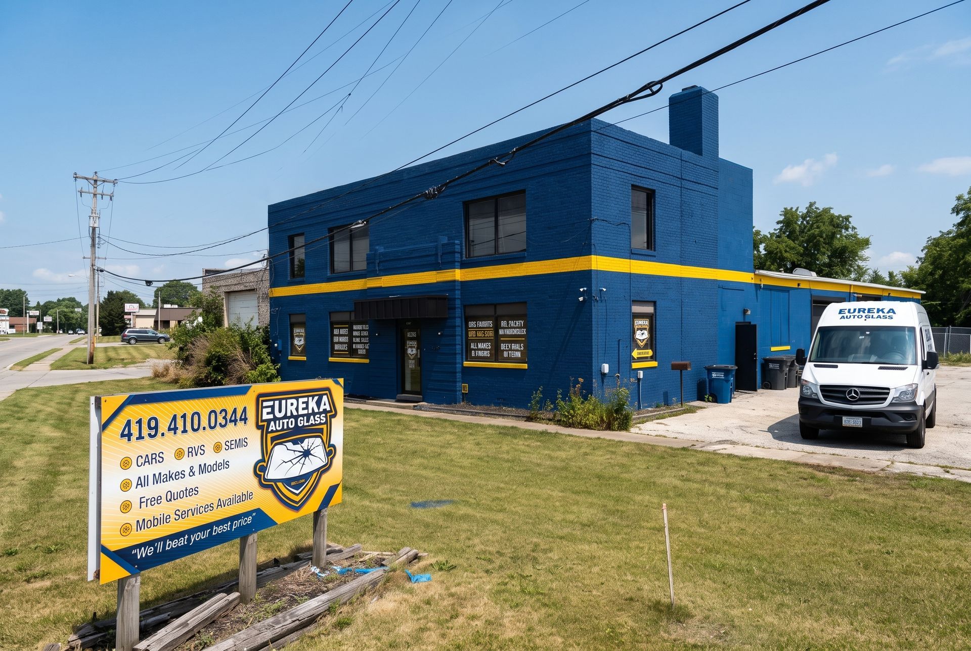 Blue auto repair shop with yellow stripe, roadside sign, and white van parked outside