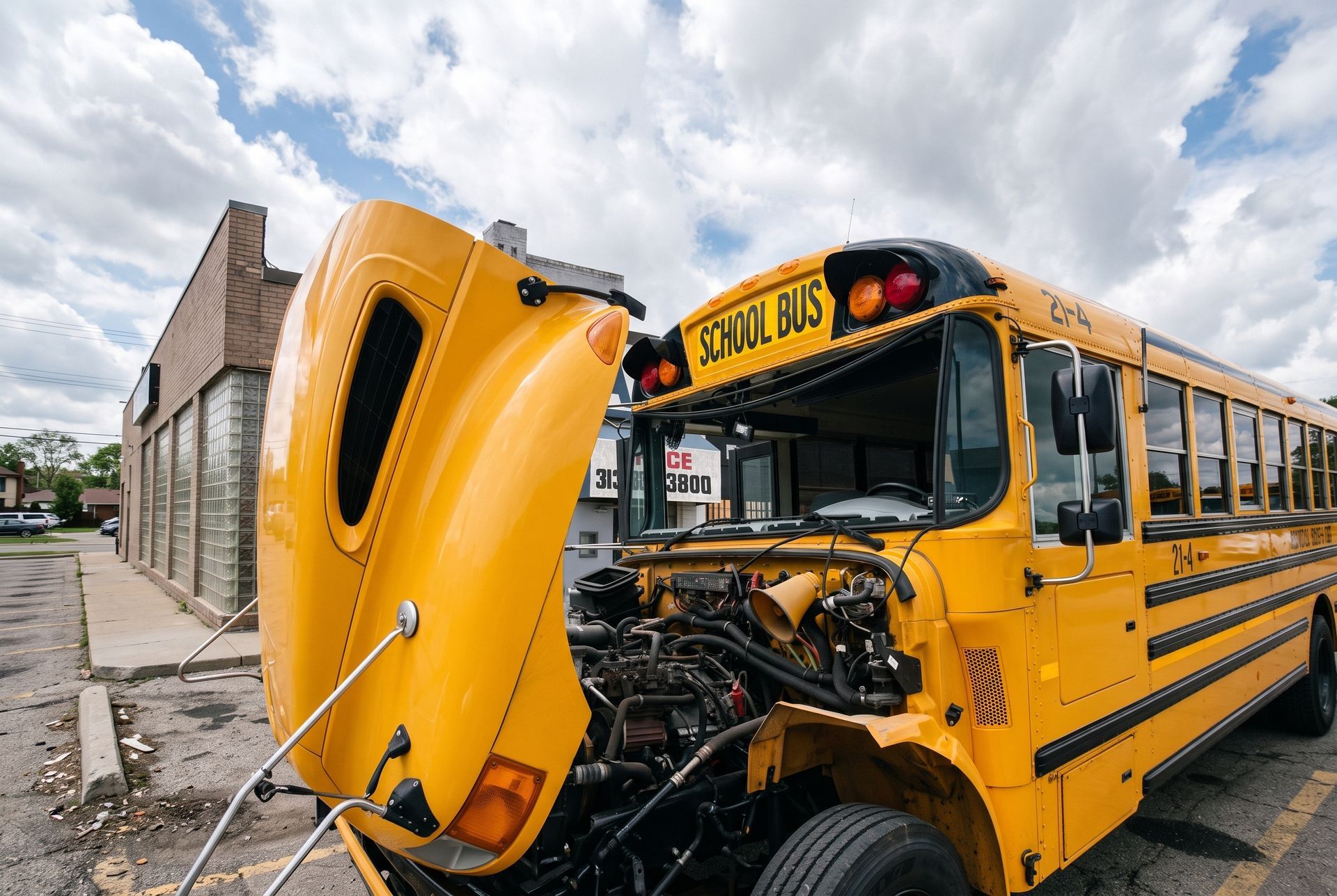 Yellow school bus with front end crumpled and hood open beside a building after a crash