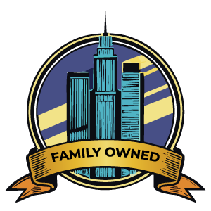 Circular logo of blue skyscrapers with a gold “FAMILY OWNED” ribbon on a purple background